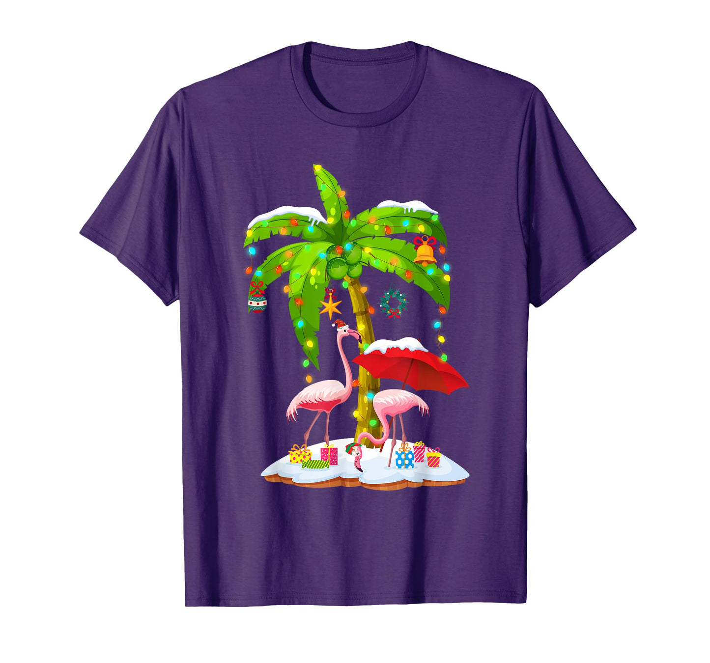 Flamingo Santa hat Palm tree Merry Christmas lights T-Shirt