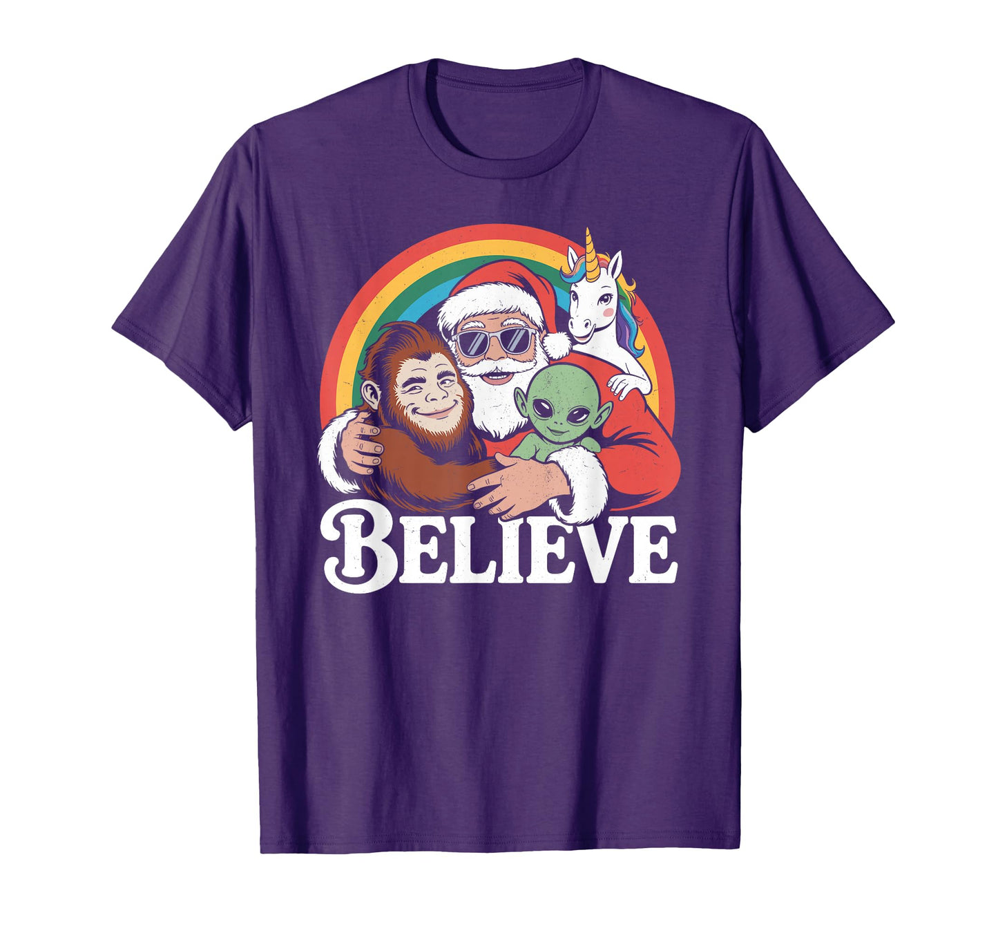 Believe Santa Bigfoot Alien Unicorn Funny Christmas T-Shirt
