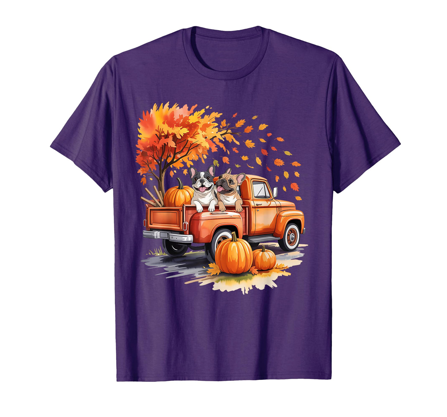 French Bulldog Truck Pumpkin Autumn Fall Leaves Thanksgiving T-Shirt
