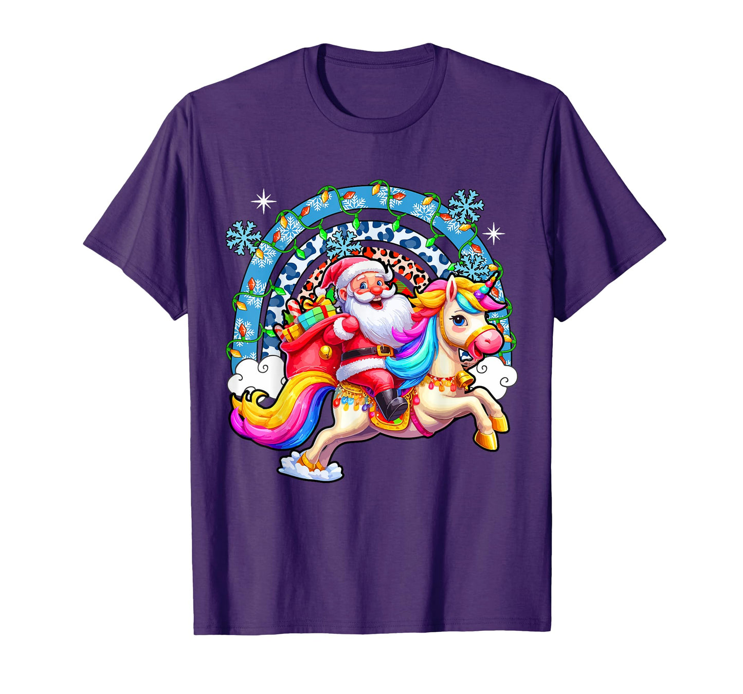 Santa Riding Colourful Unicorn Christmas Rainbow Xmas Lights T-Shirt