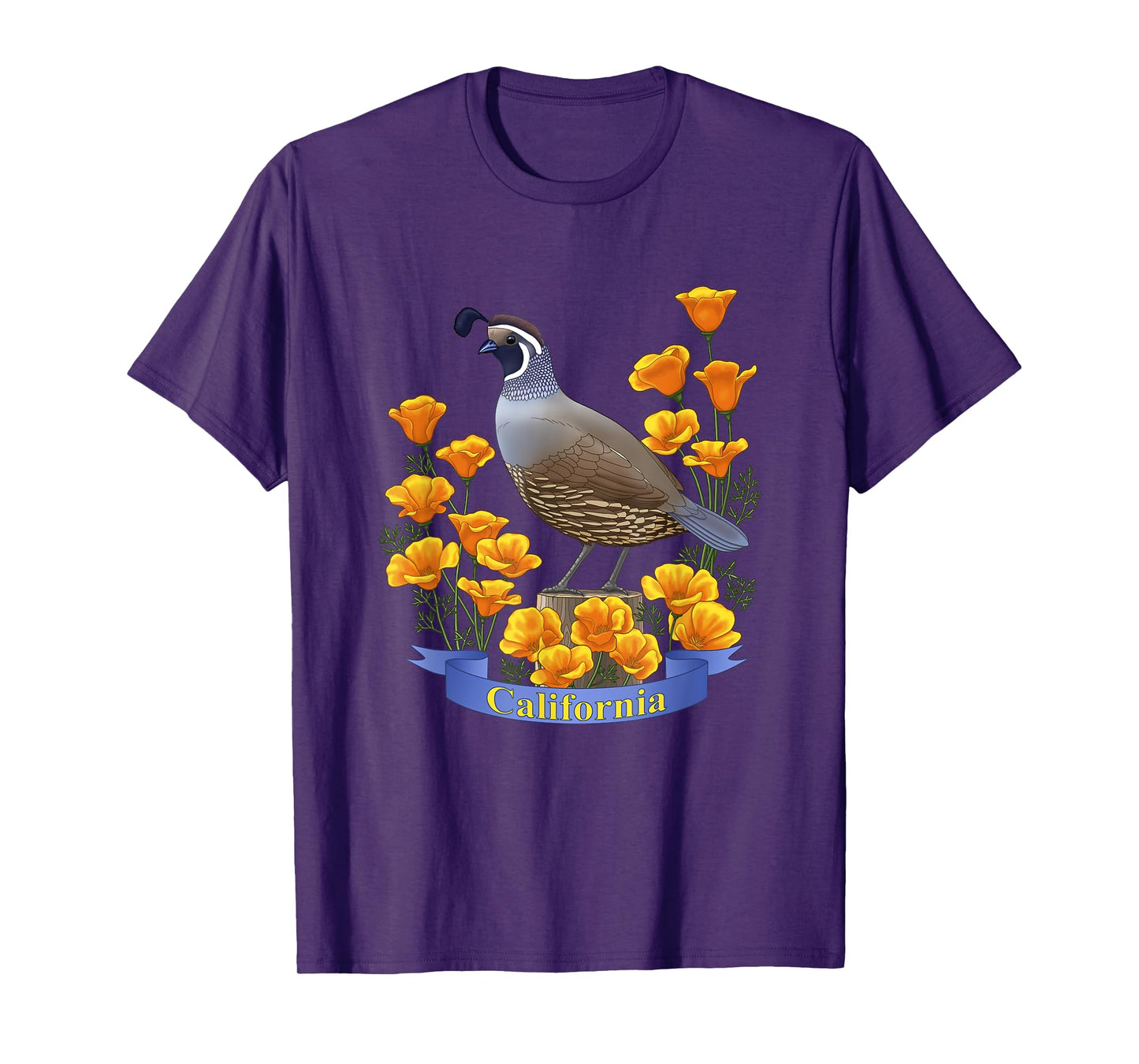 California Valley Quail State Bird & Golden Poppy Flowers T-Shirt