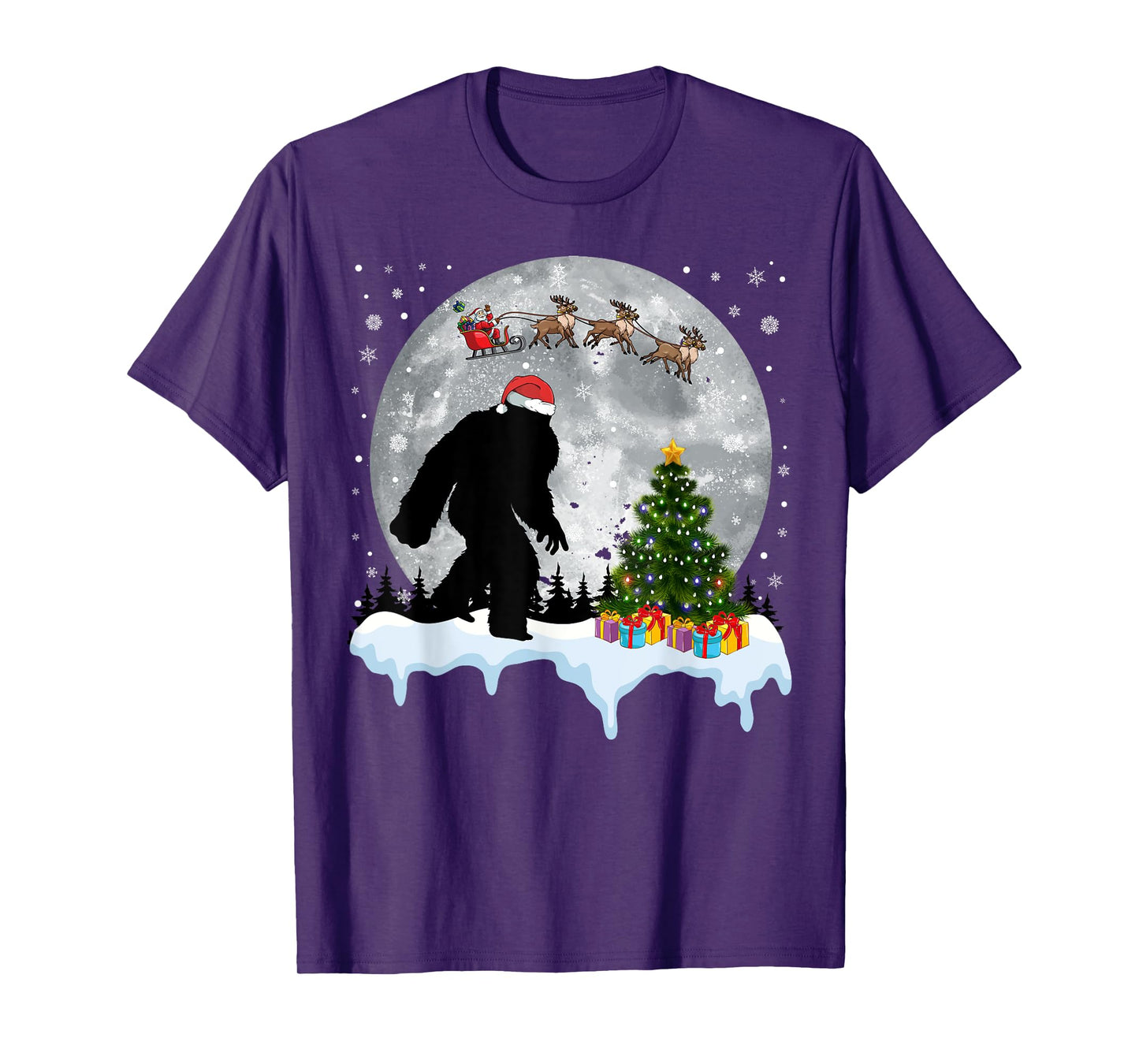 Christmas Bigfoot Santa Tree Sleigh Moon Reindeer Snow T-Shirt