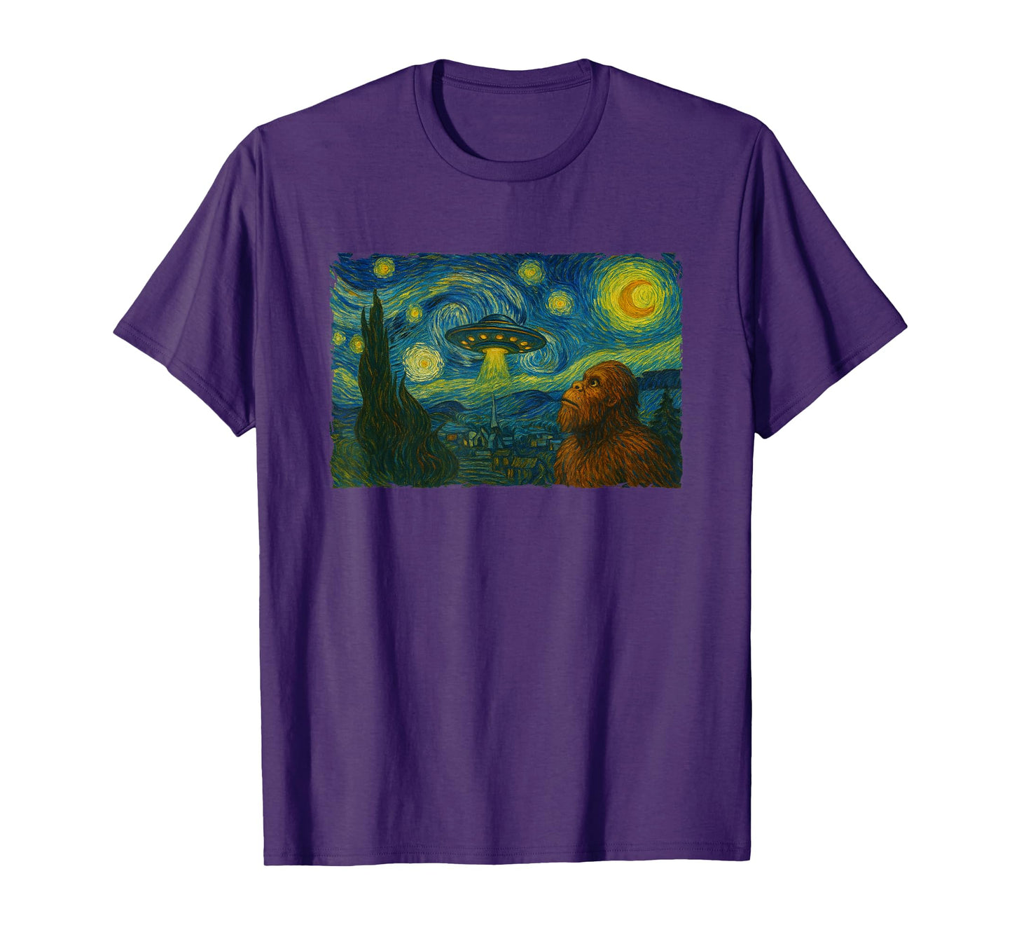 Starry Night UFO Bigfoot Funny Sci-Fi Van Gogh Painting T-Shirt