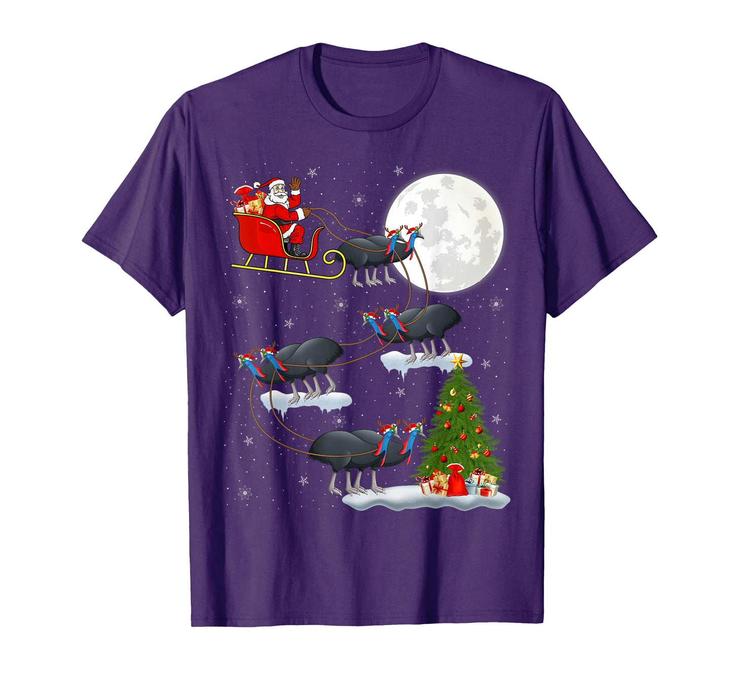 Funny Xmas Lighting Tree Santa Riding Cassowary Christmas T-Shirt