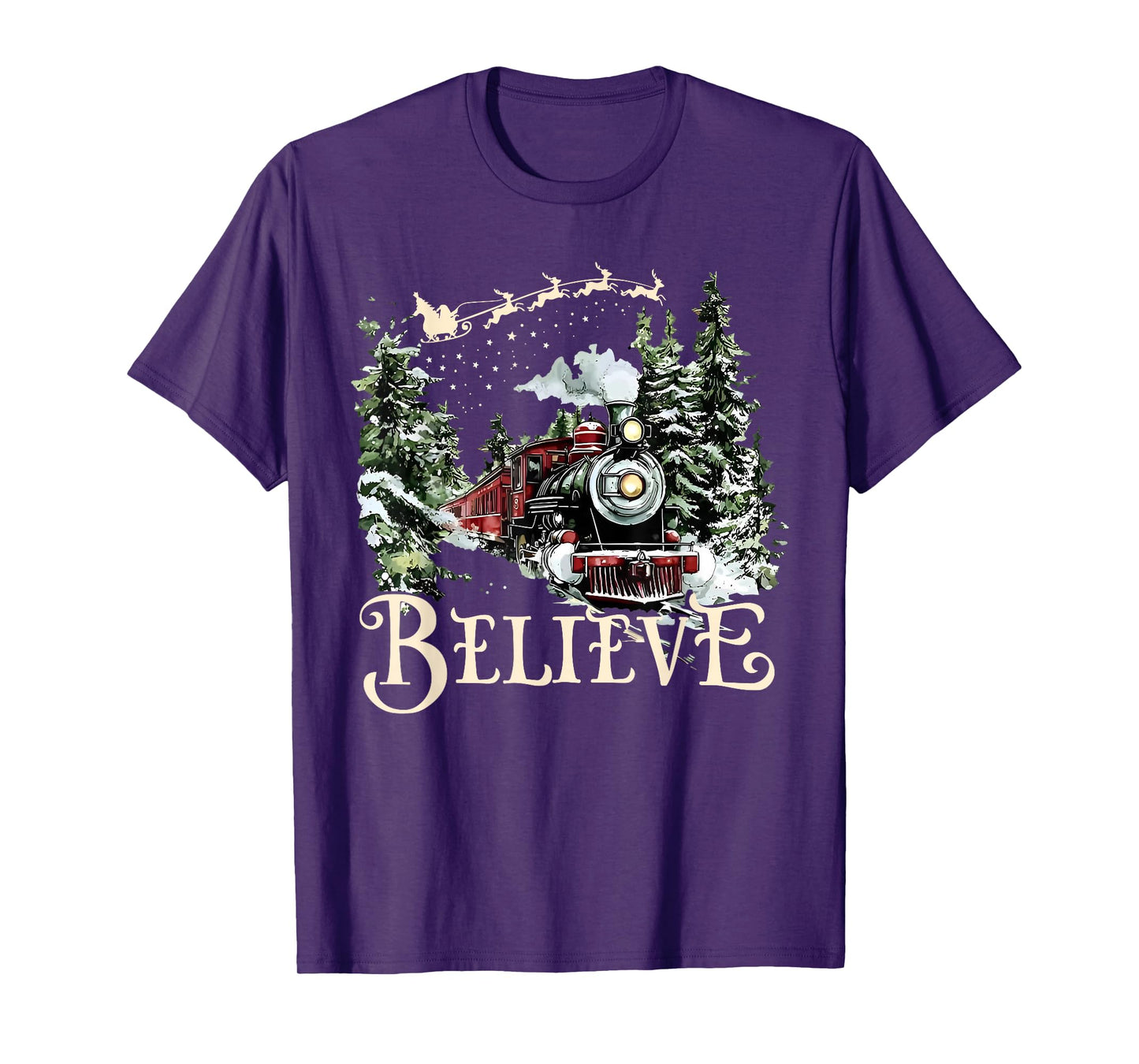 Believe Christmas Trains Xmas Santa Family Pajamas Holiday T-Shirt