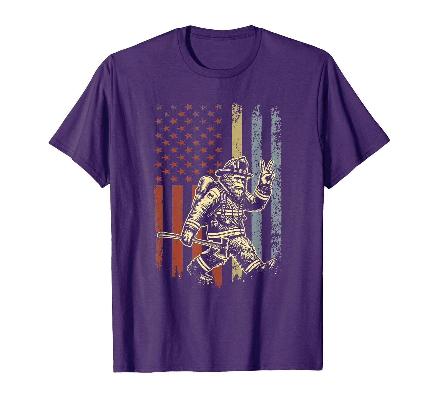 Retro American Flag Bigfoot Firefighter Sasquatch Fireman T-Shirt
