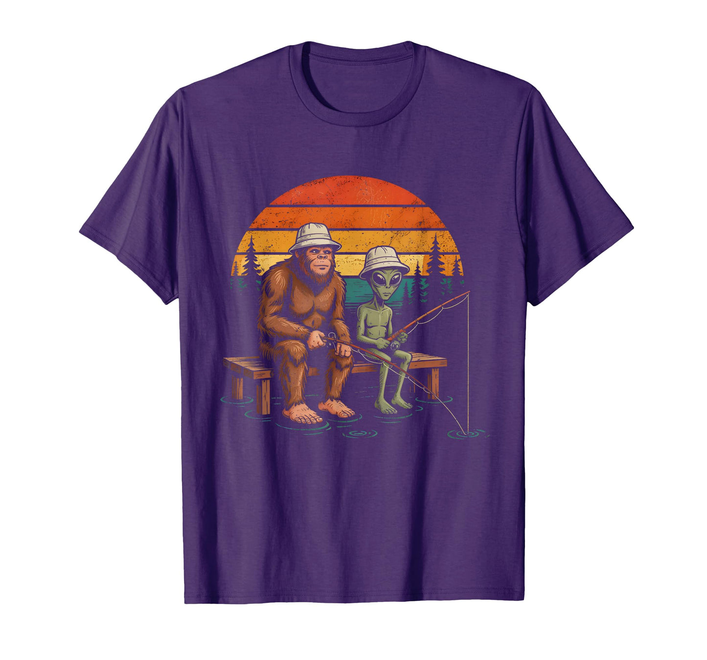 Funny Alien and Sasquatch Bigfoot Fishing Fisherman Men Boys T-Shirt