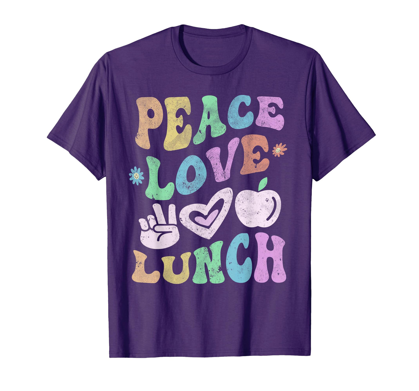 Vintage PEACE LOVE LUNCH LADY Retro Cafeteria Groovy Crew T-Shirt