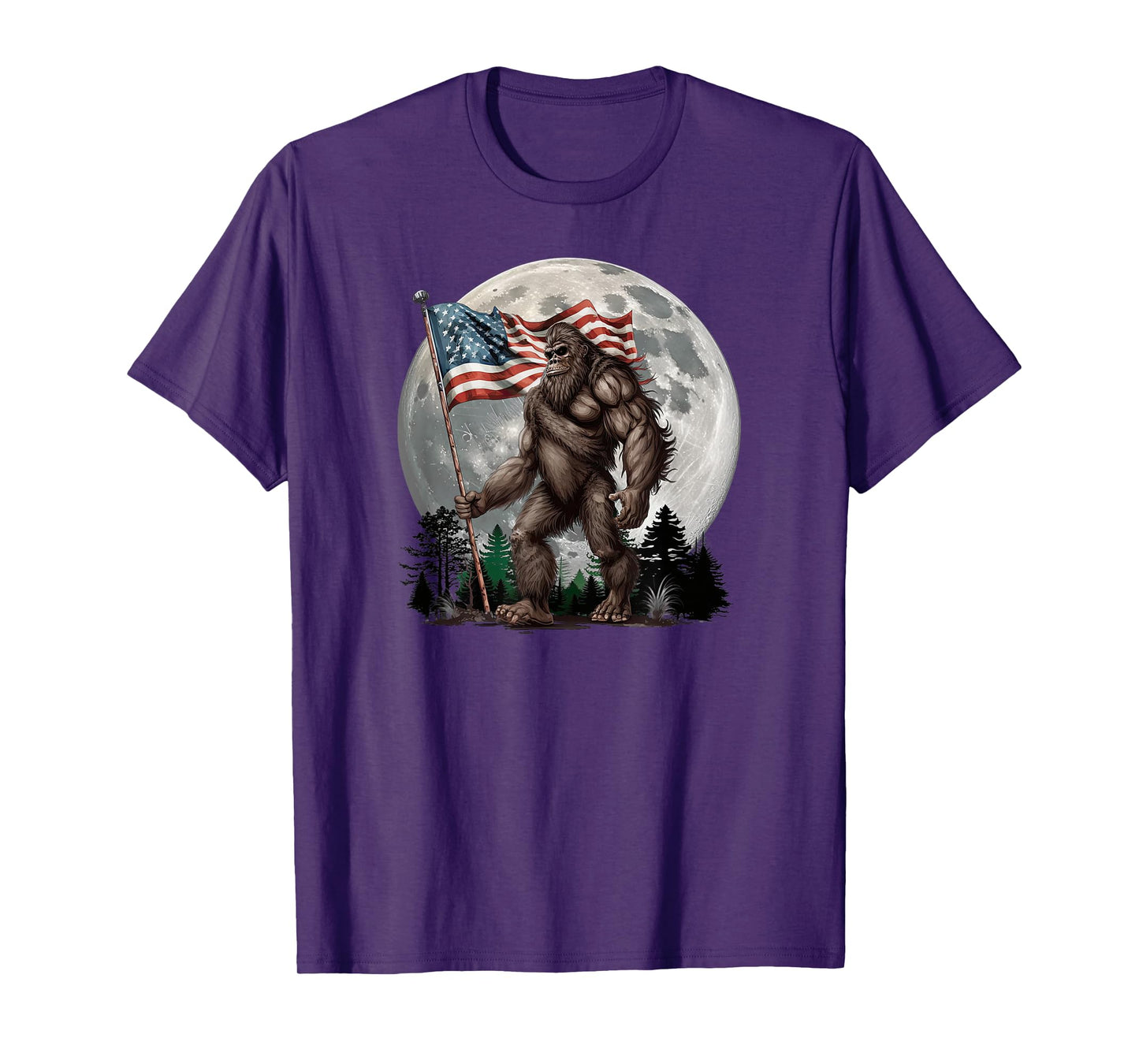 Bigfoot Sasquatch - American Flag Full Moon Patriotic T-Shirt