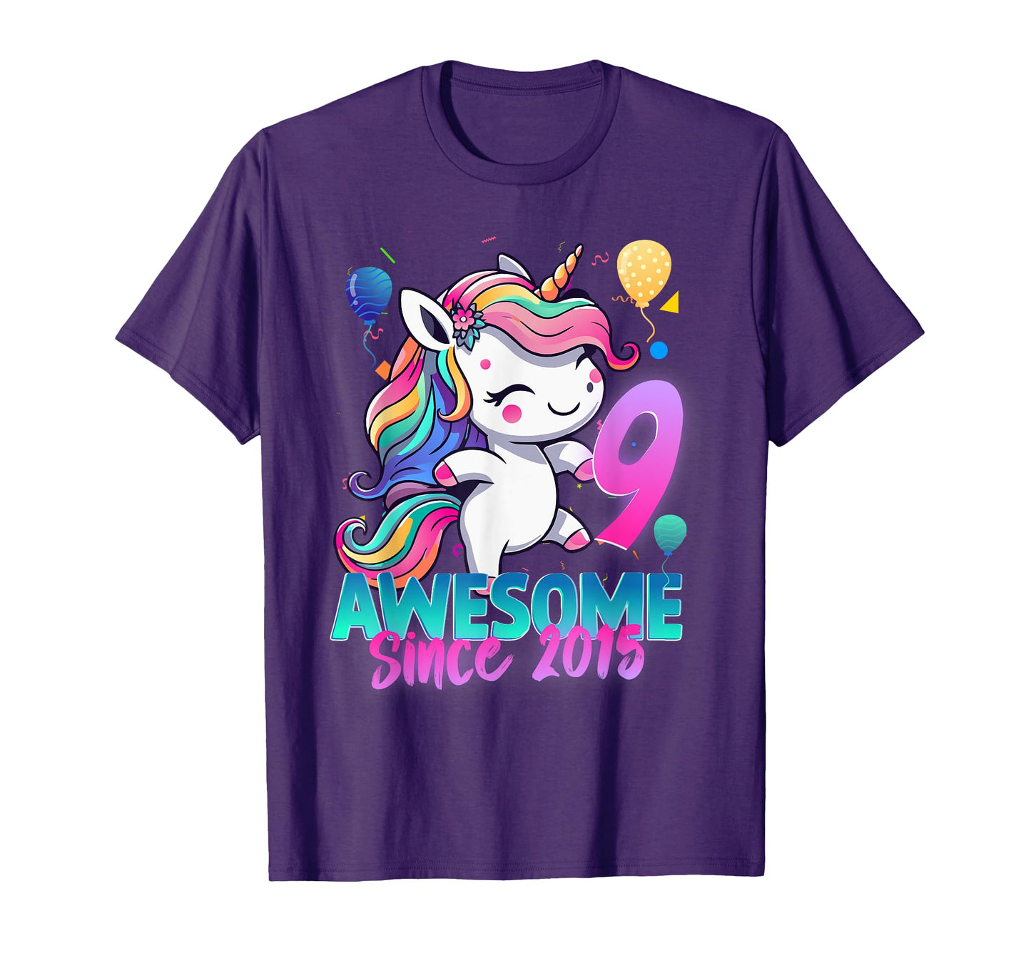 9th Birthday Girl Awesome Since 2015 9 Years Old Unicorn T-Shirt