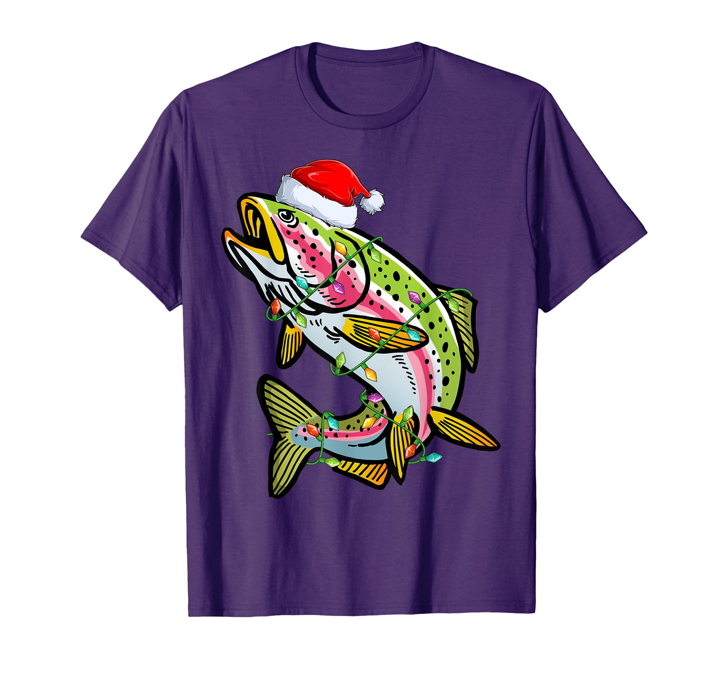 Xmas Lights Santa Hat Rainbow Trout Fish Christmas T-Shirt
