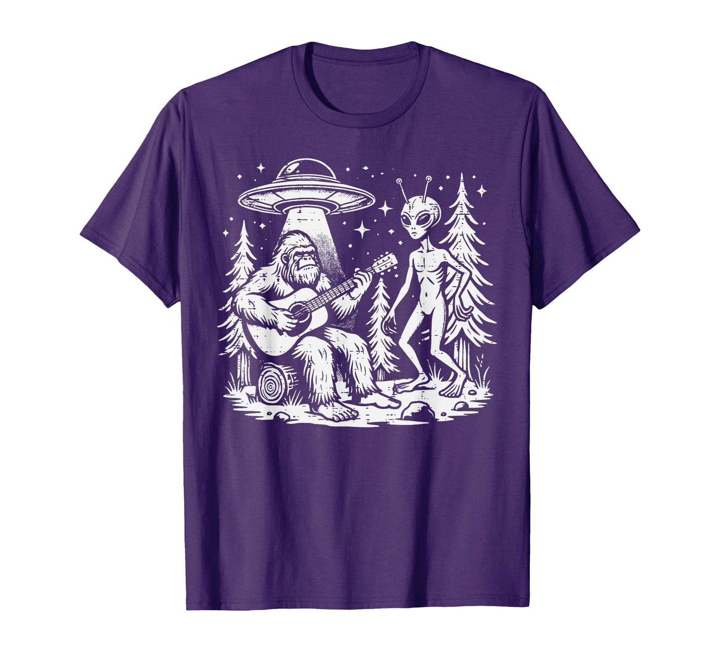 Sasquatch Guitar Alien Ufo Camping Bigfoot Women Men Kids T-Shirt