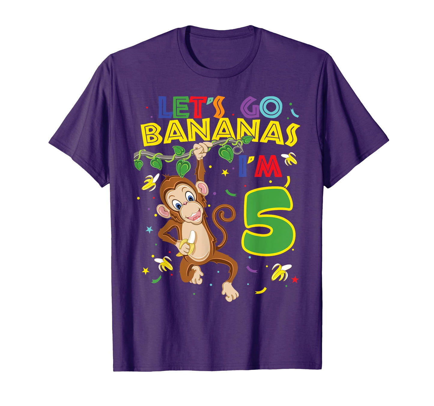 Kids Monkey 5th Birthday Zoo Let's Go Bananas I'm 5 T-Shirt