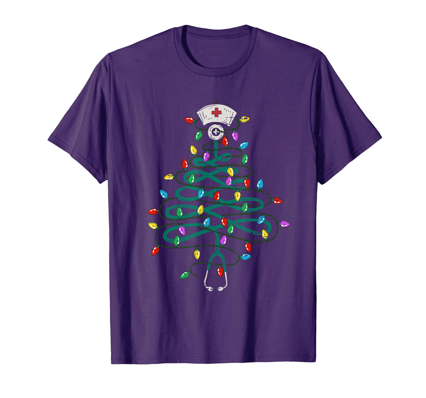 Stethoscope Christmas Tree Lights Nurse Christmas Scrub Top T-Shirt