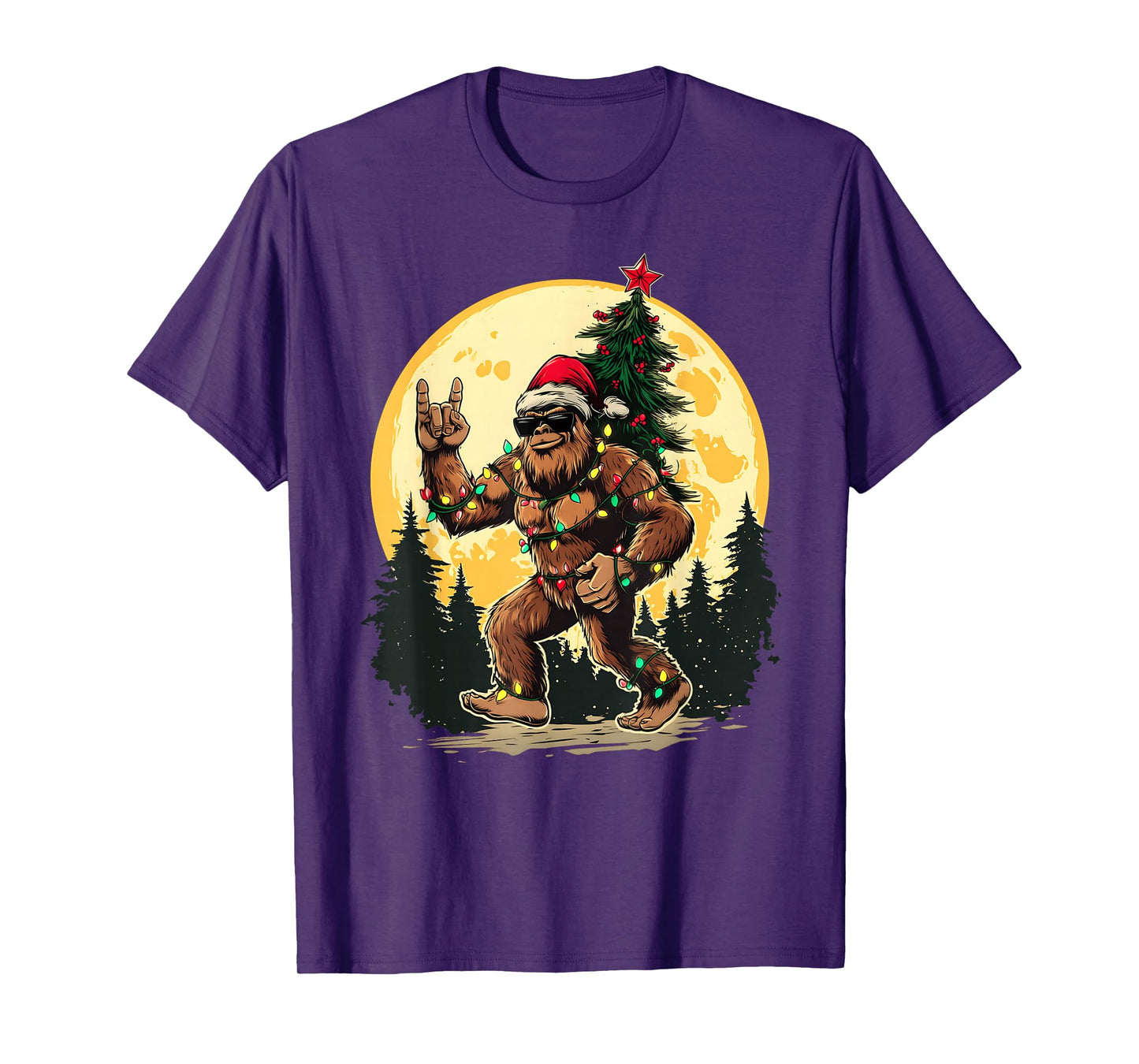 Bigfoot Rock Christmas Tree Xmas Lights Funny Sasquatch T-Shirt