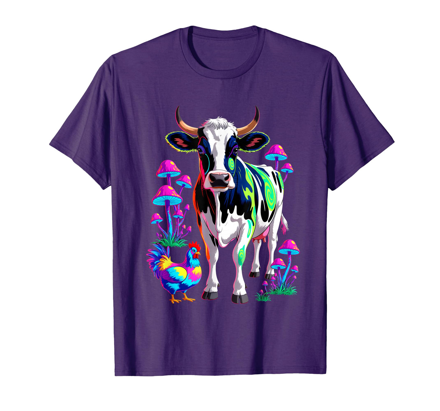 Psychedelic Cow Chicken Mushrooms Farm Animal Art T-Shirt