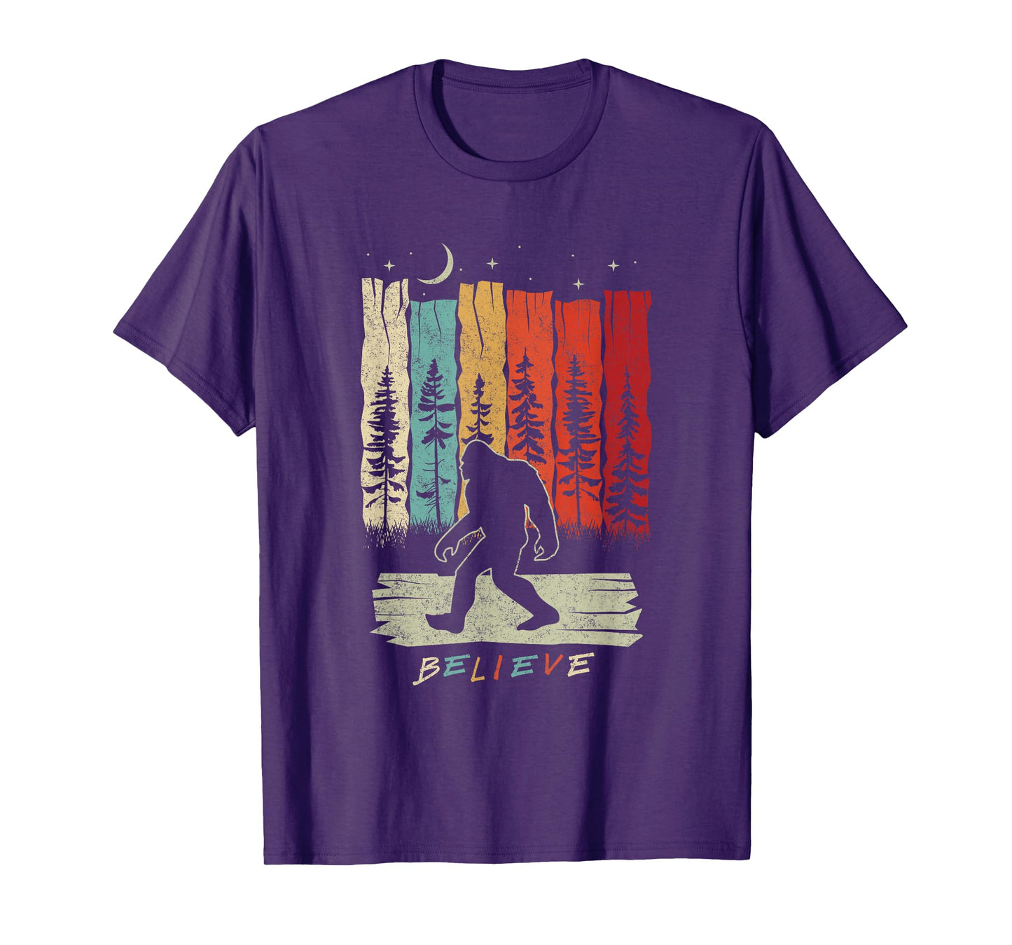 Bigfoot Night Moon Shirt Believe Sasquatch Retro Men Kids T-Shirt