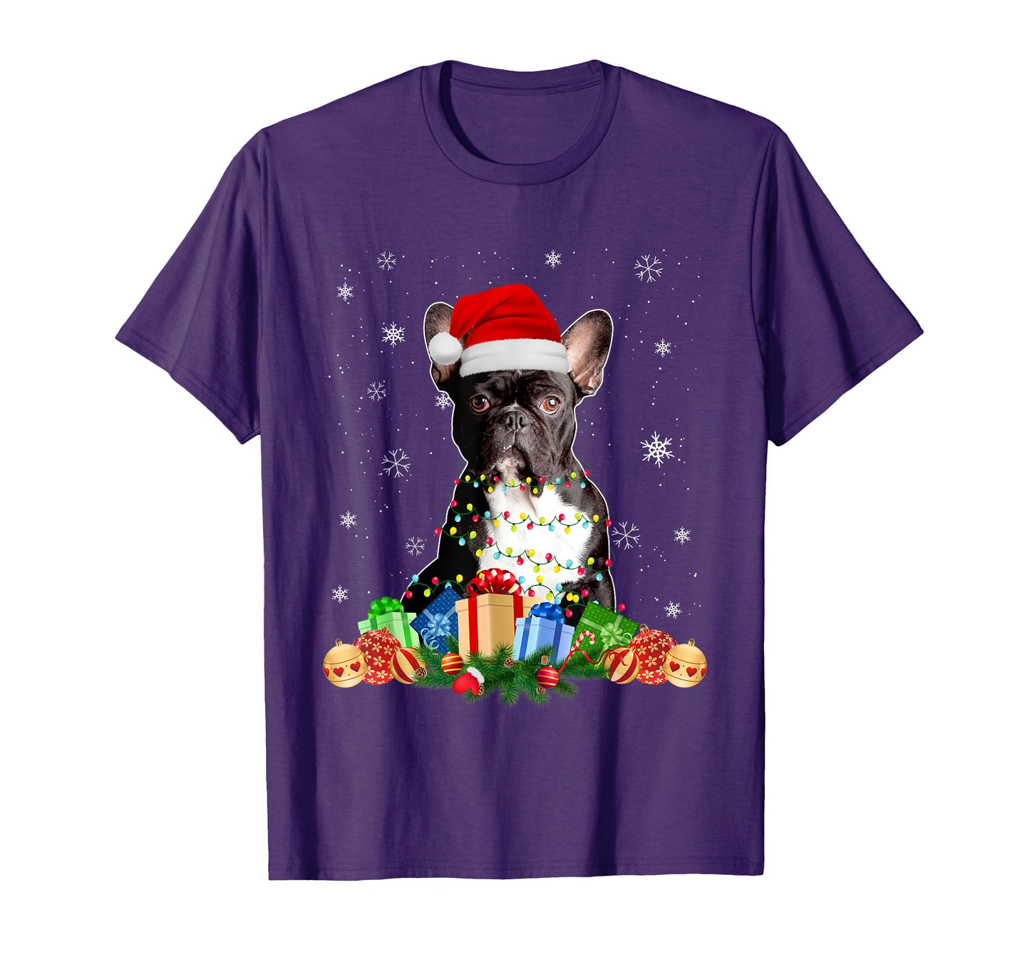French Bulldog Dog Christmas Lights Santa Puppy Dog Lover Men Women Kids T-Shirt