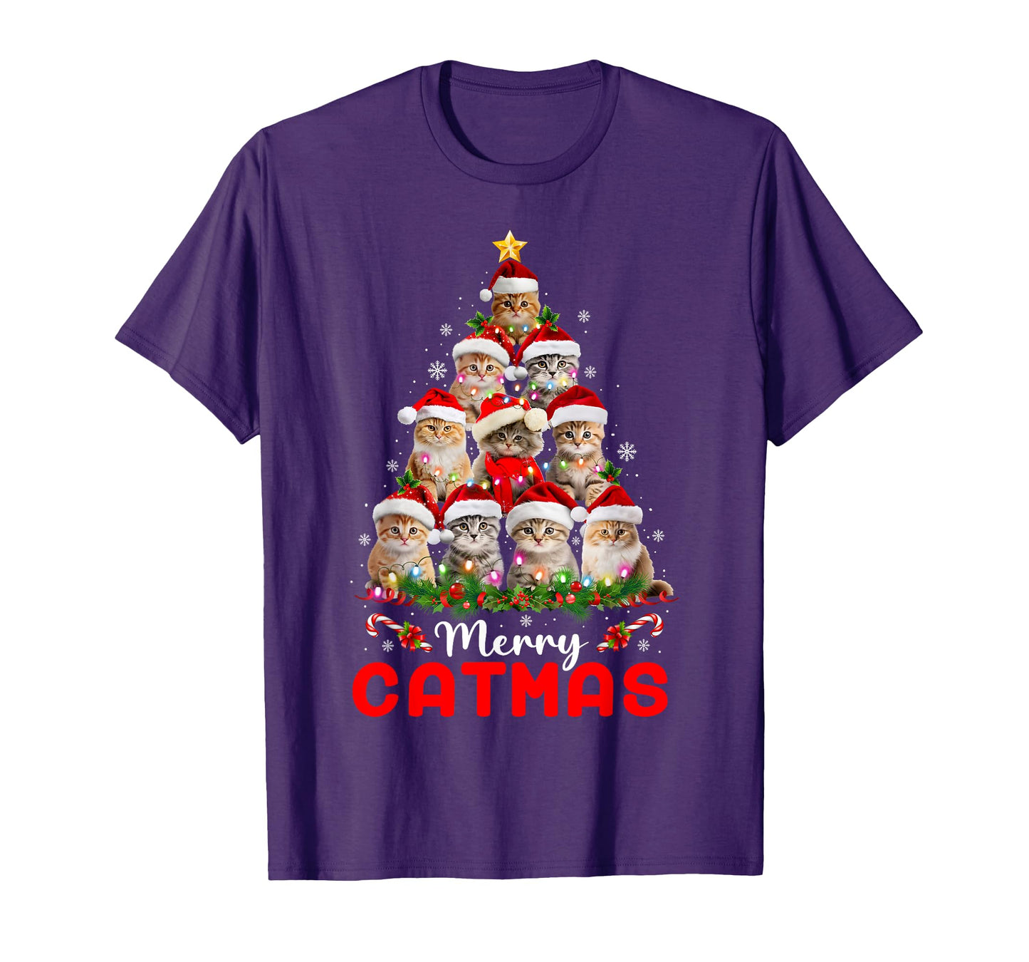 Meowy Catmas Cat Christmas Tree Lights Funny Xmas Pajamas T-Shirt