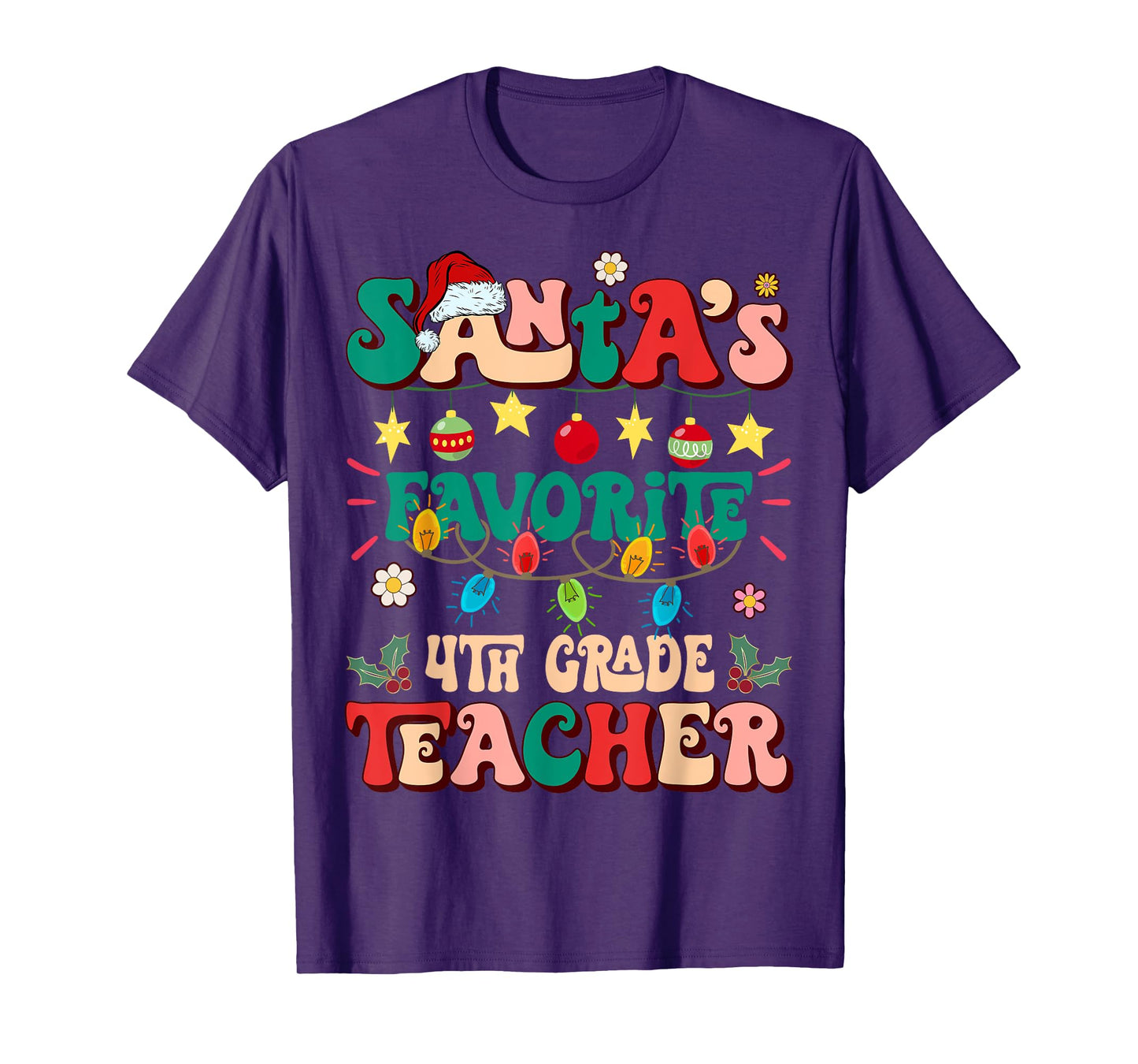 Retro Groovy Santa's Favorite 4th Grade Teacher Christmas T-Shirt