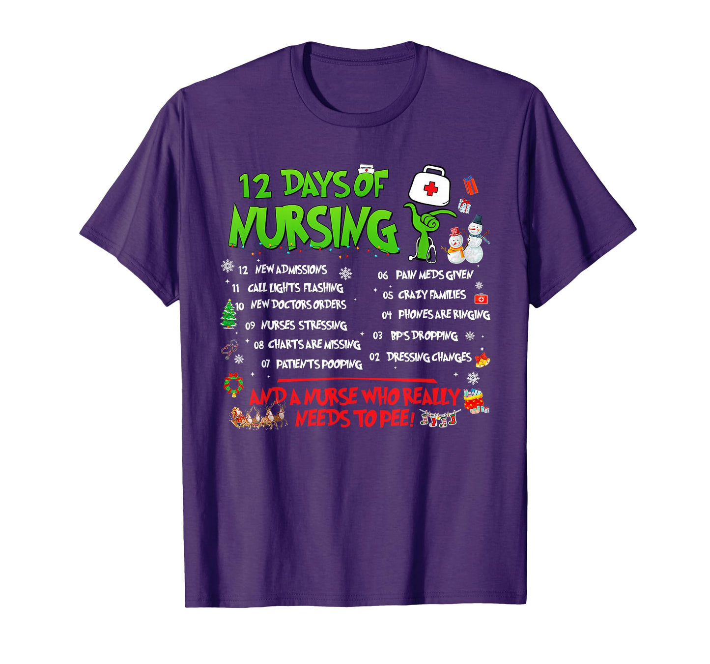 Nurses Merry Christmas Funny 12 Days of Nursing Xmas Pajamas T-Shirt
