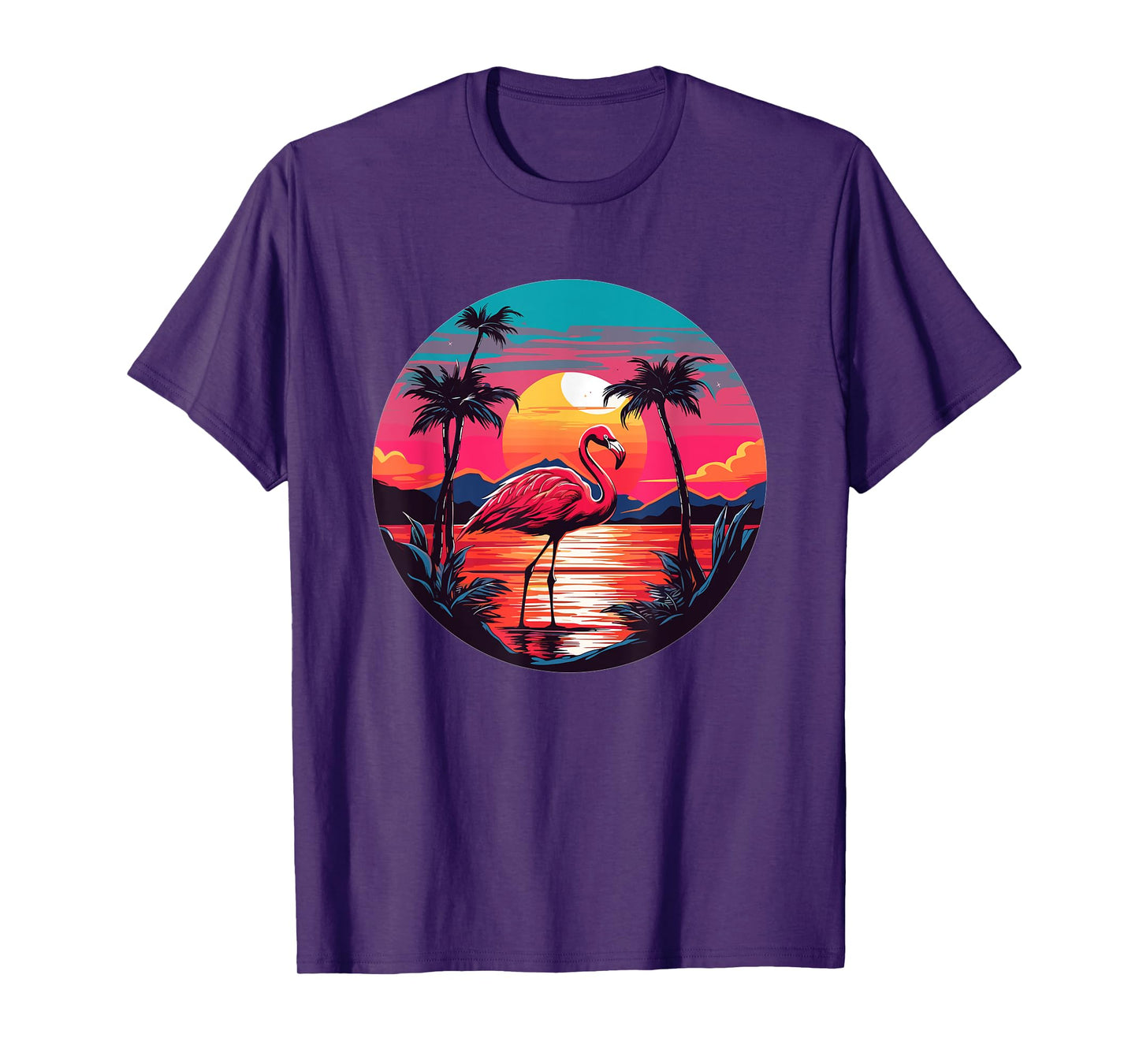 Flamingo Tropical Sunset Beach Palm Trees T-Shirt