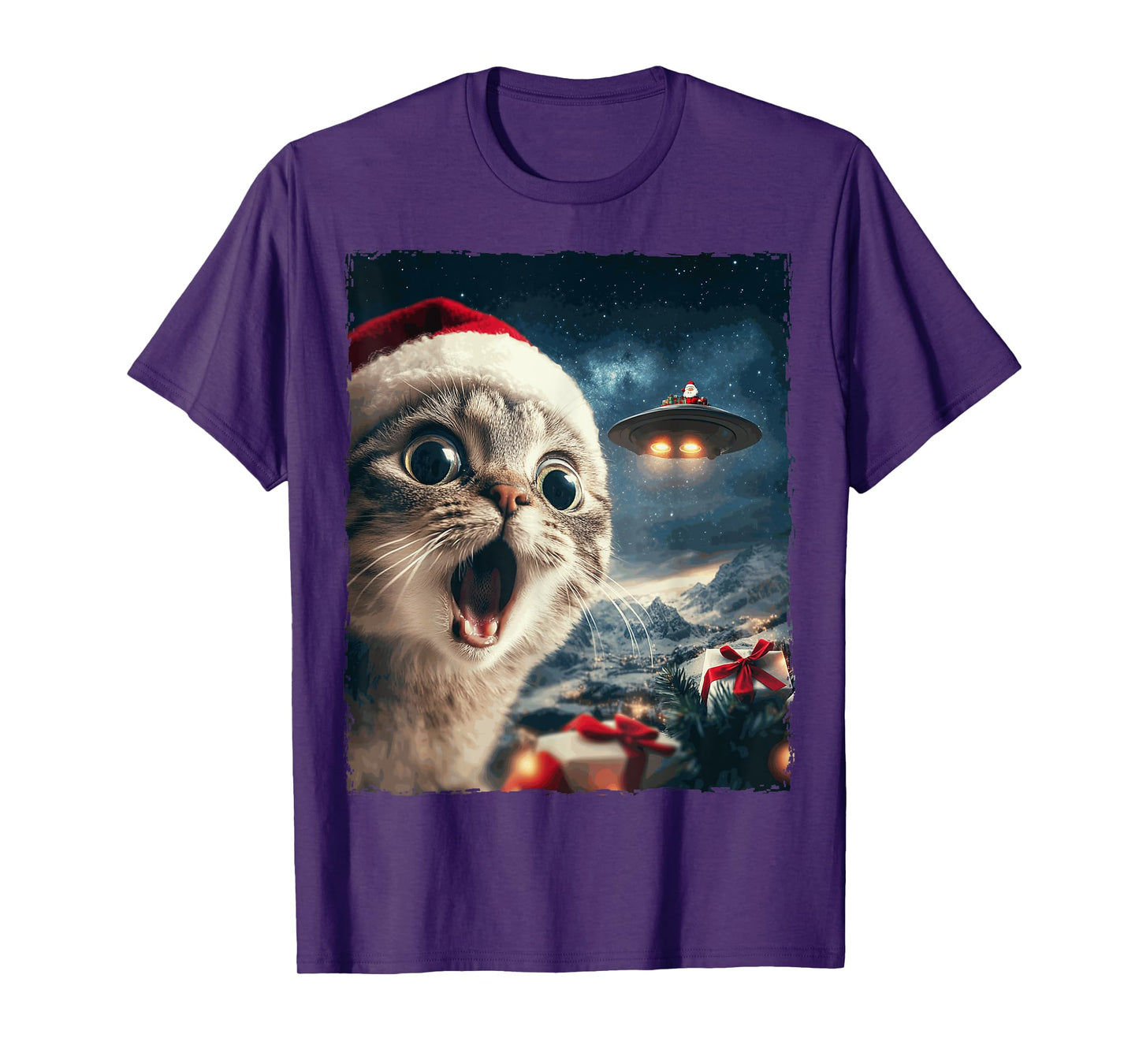 Funny Cat Selfie Santa Ufo Xmas Christmas Men Women Kids T-Shirt