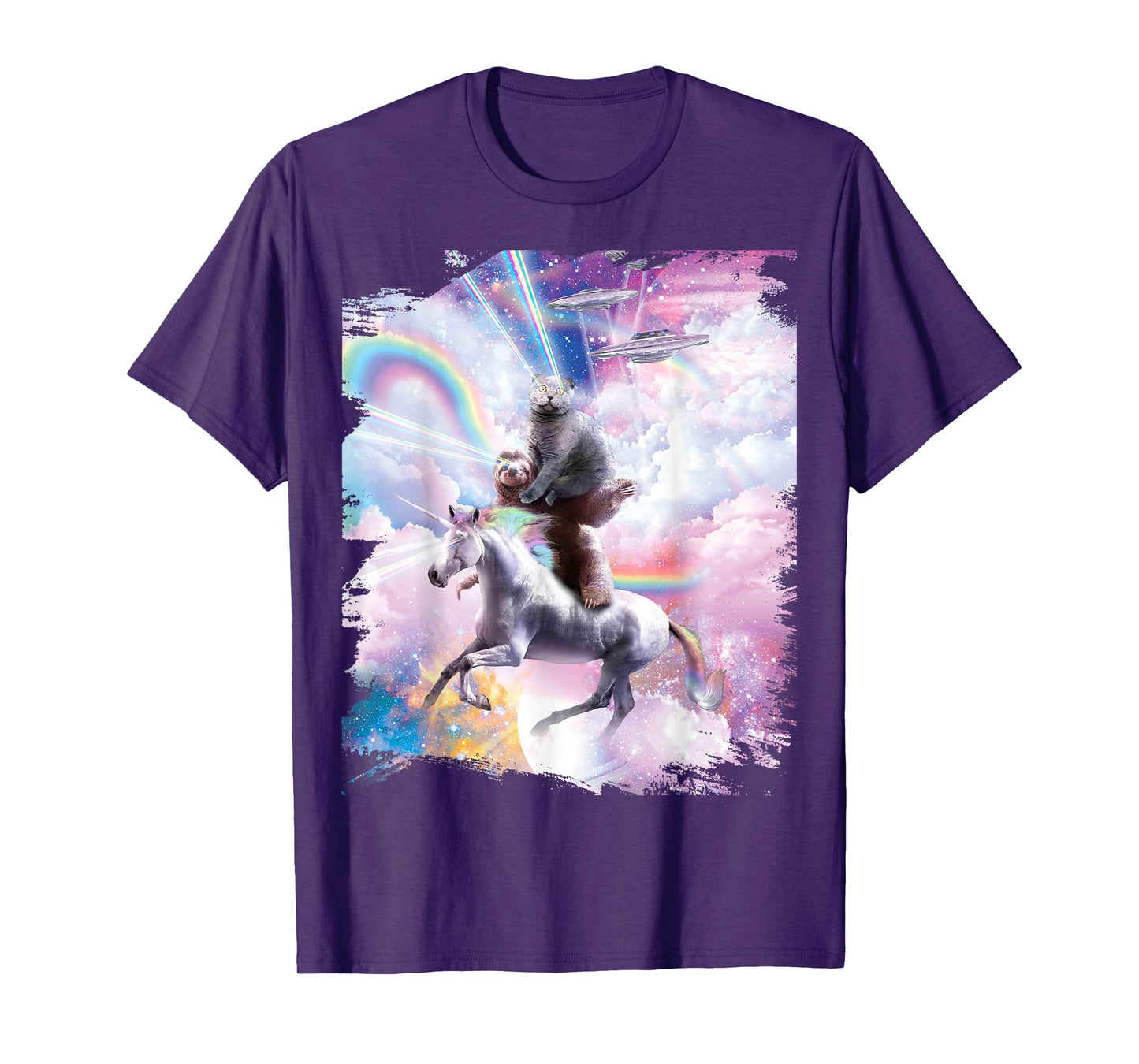 Laser Eyes Space Cat on Sloth Unicorn - Rainbow T-Shirt