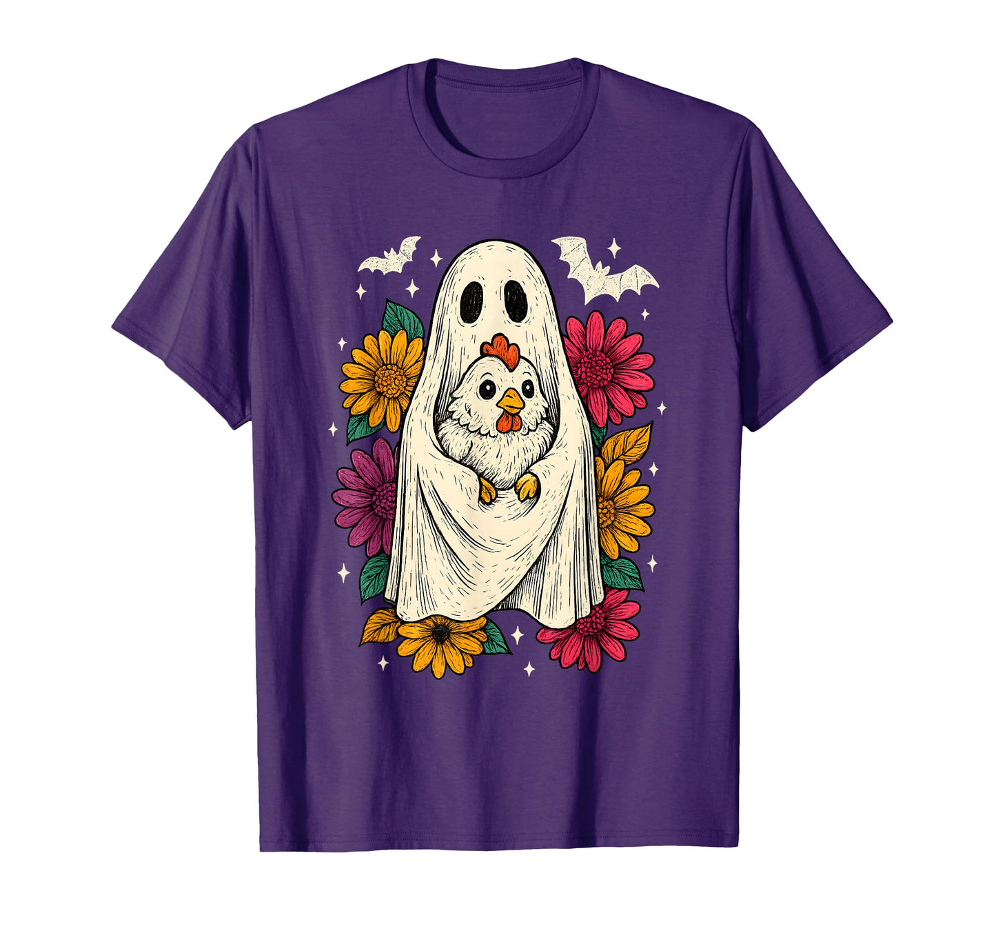 Retro Chicken Ghost Halloween Floral Cute Animal Lover T-Shirt