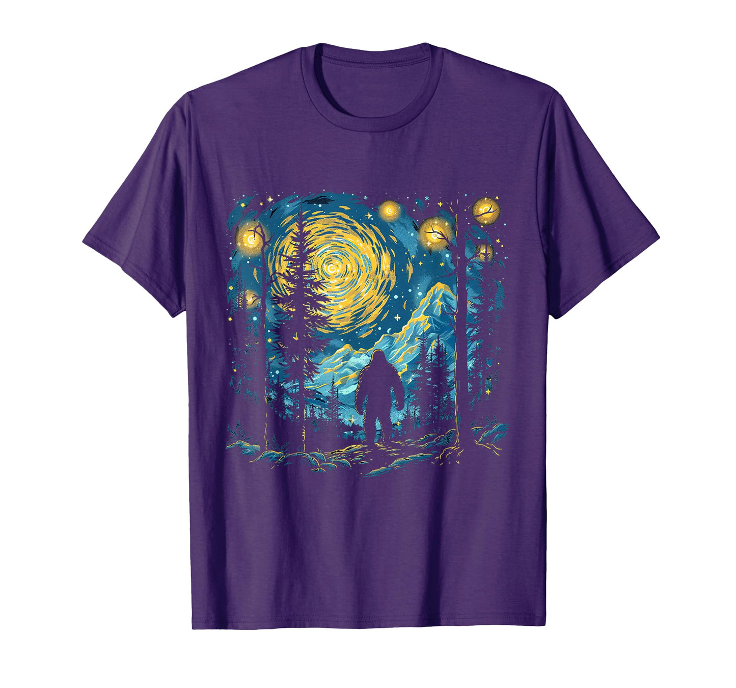 Funny Bigfoot Starry Night Sasquatch Van Gogh Sky Painting T-Shirt