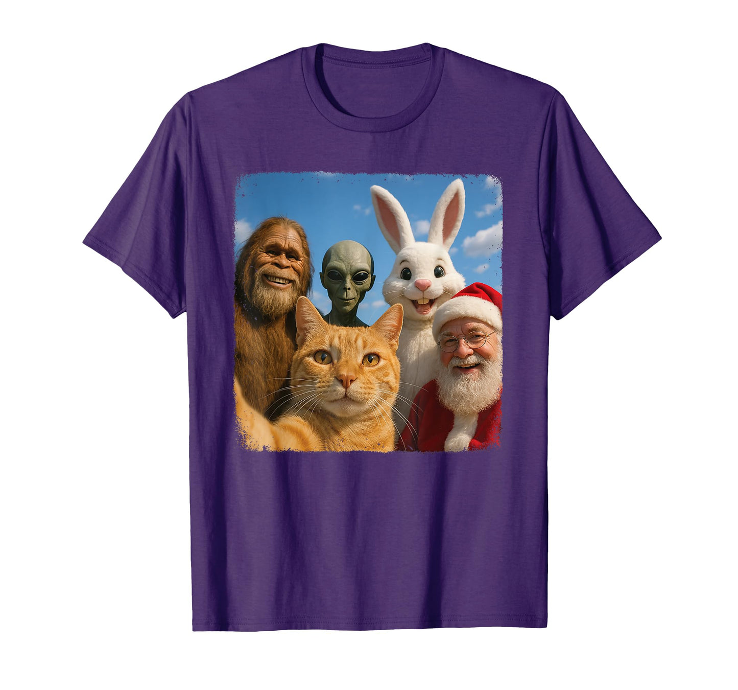 Cat Bigfoot Easter Bunny Alien Santa Selfie BFF Funny Photo T-Shirt for Men Women Kids