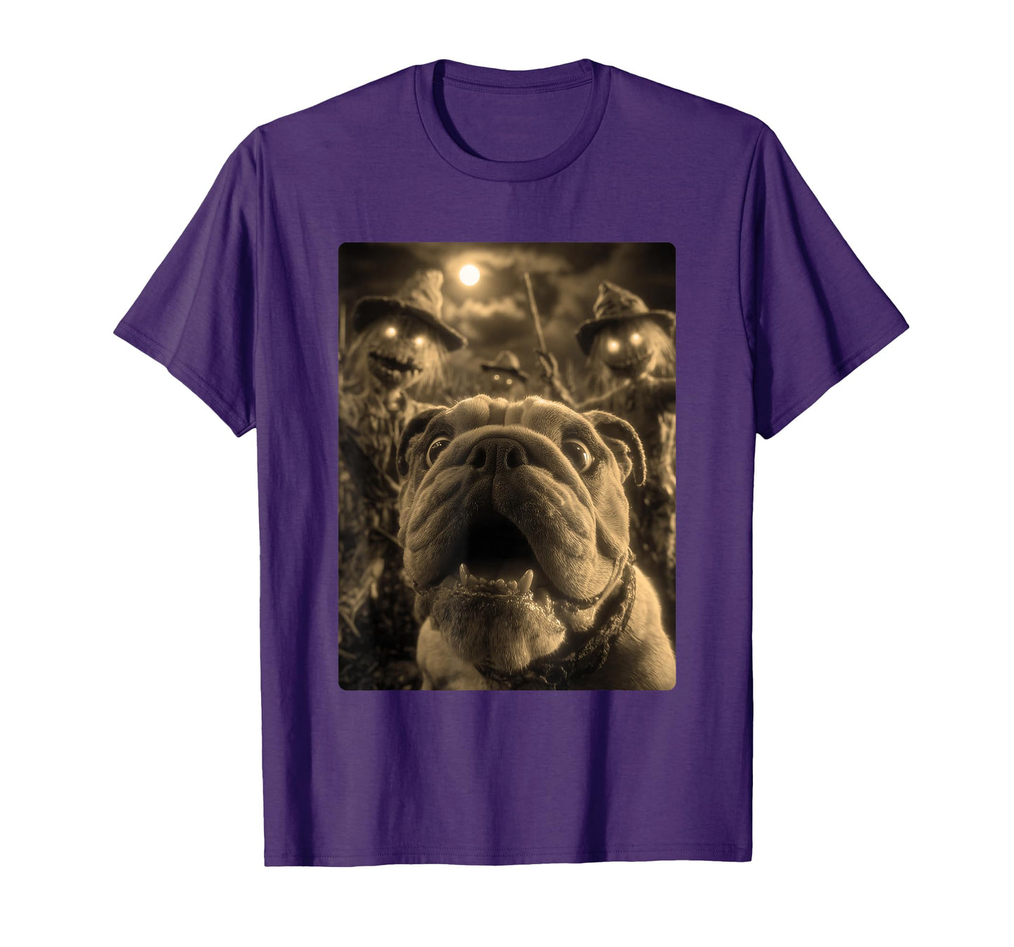 Vintage Bulldog Selfie with Spooky Scarecrows Halloween Dog T-Shirt