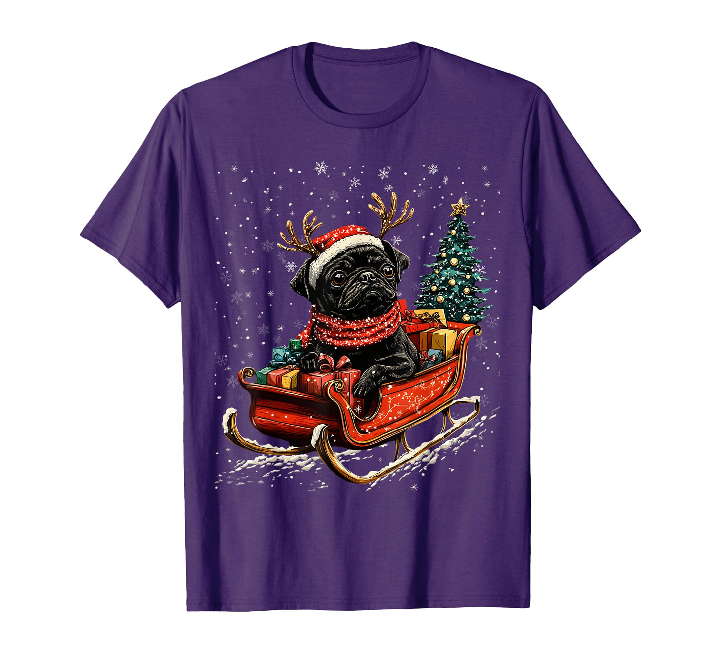 Santa Black Pug reindeer Light Christmas T-Shirt