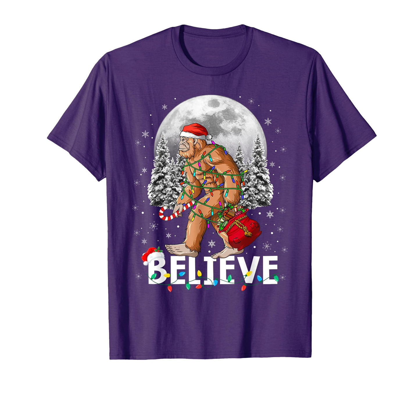 Santa Bigfoot Christmas Lights Funny Sasquatch Believe Xmas T-Shirt