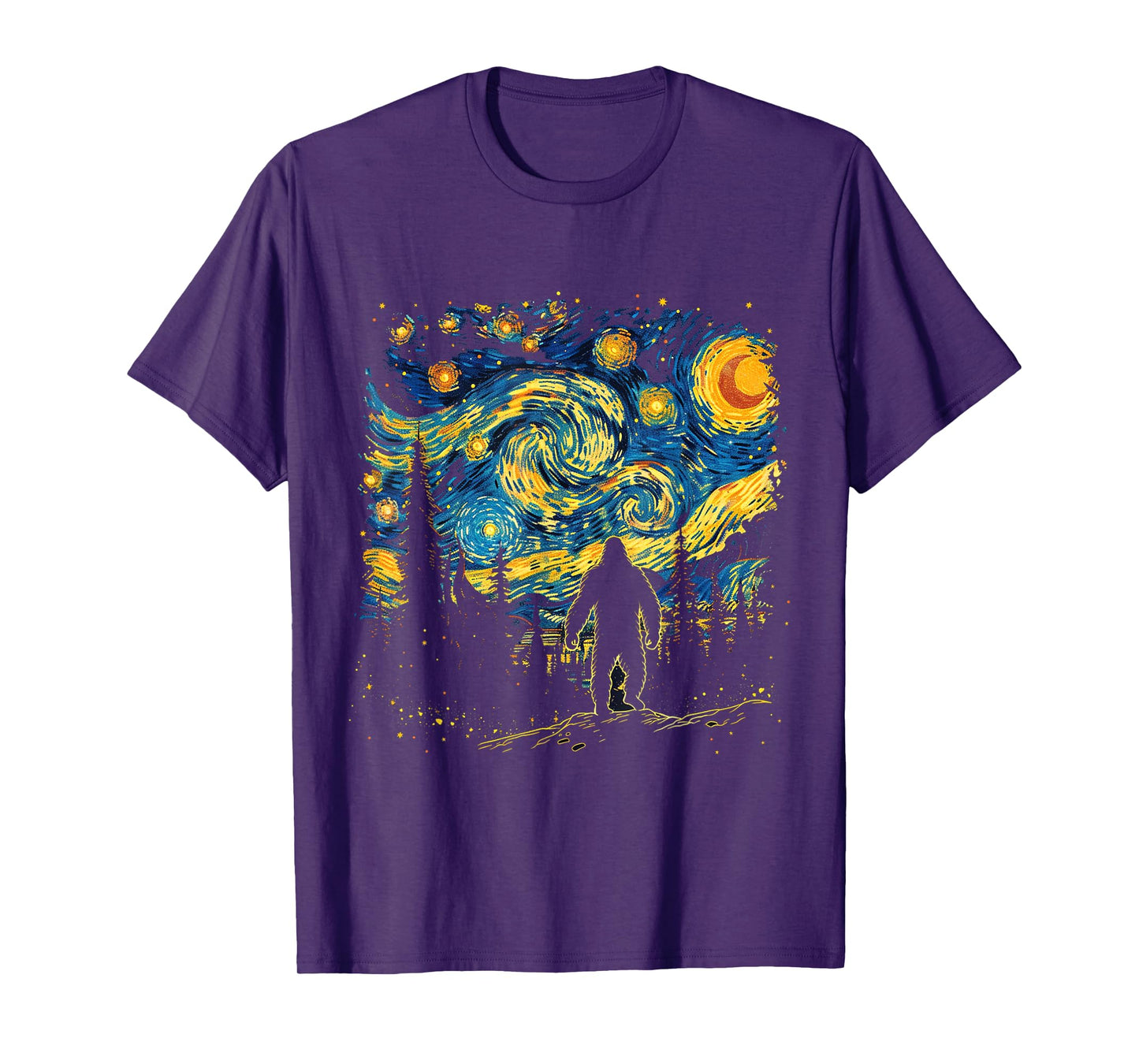 Funny Bigfoot Starry Night Sasquatch Van Gogh Sky Painting T-Shirt