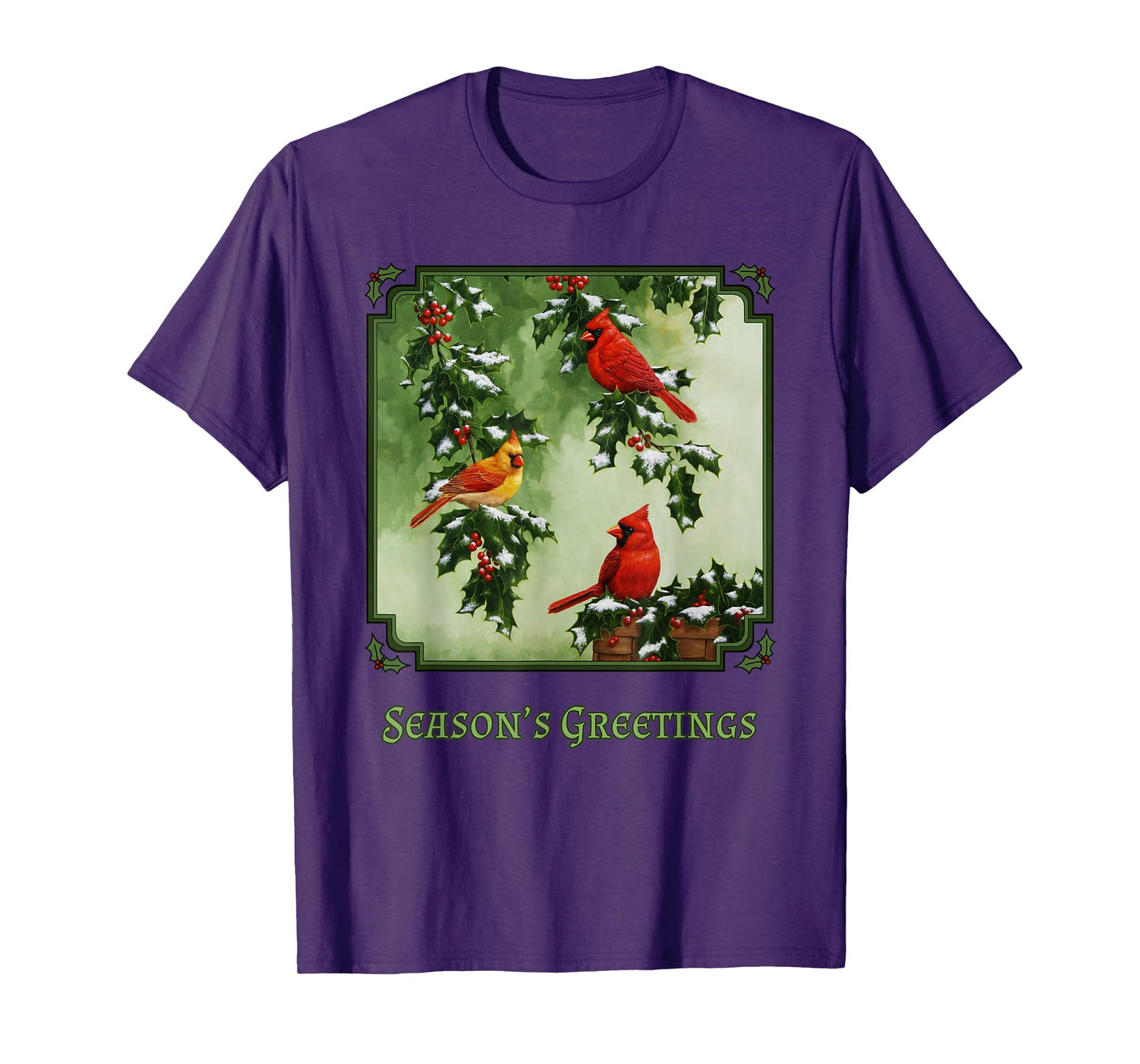 Red Cardinal Birds Christmas Holly Berries Leaves Snow T-Shirt