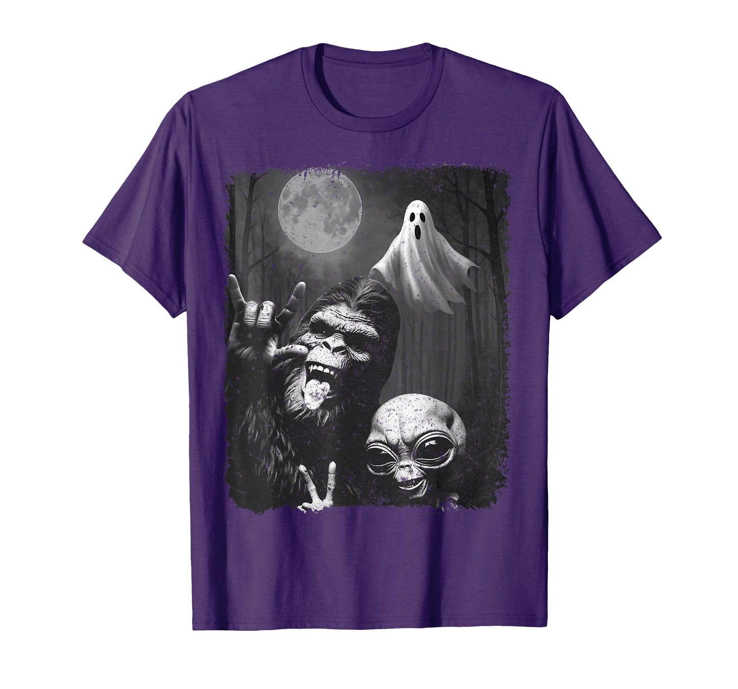 Funny Sasquatch & Alien Rock On Hand Sign Ghost Selfie T-Shirt