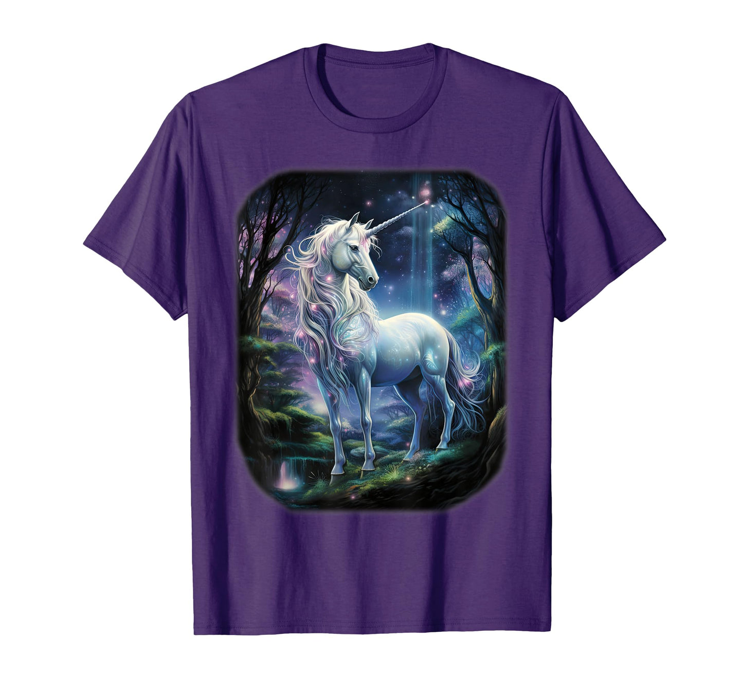 Fantasy white Unicorn standing in forest universe. T-Shirt