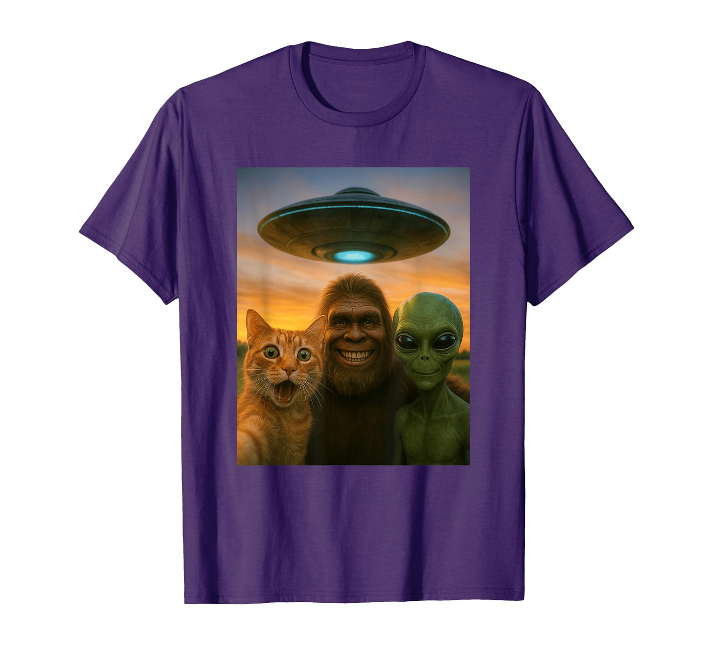 Orange Cat Selfie Bigfoot UFO Alien T-Shirt