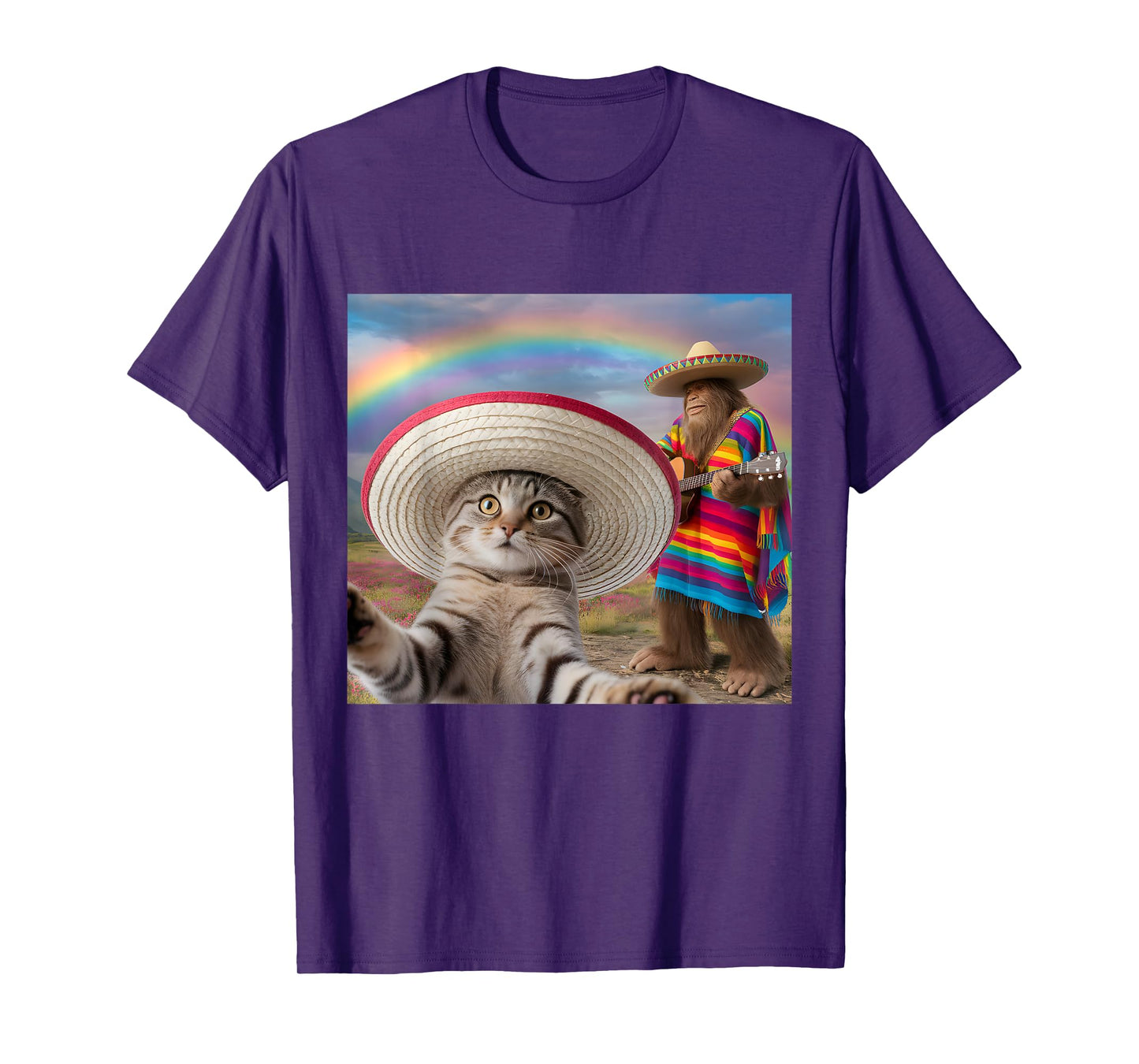 Funny Cat Selfie With Bigfoot Cinco de Mayo Men Women Kids T-Shirt