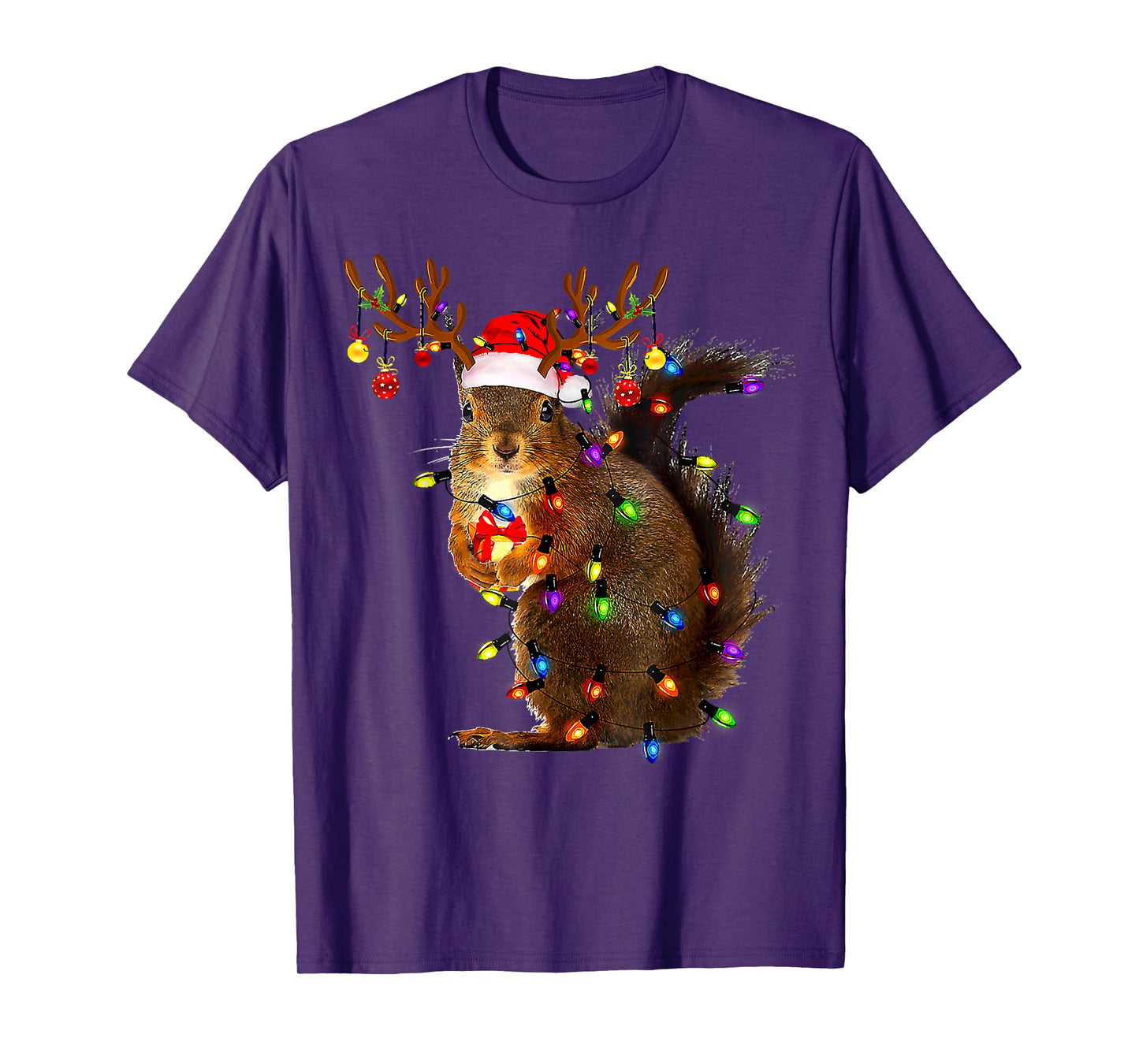 Funny Squirrel Christmas Tree Lights Reindeer Santa Hat Xmas T-Shirt