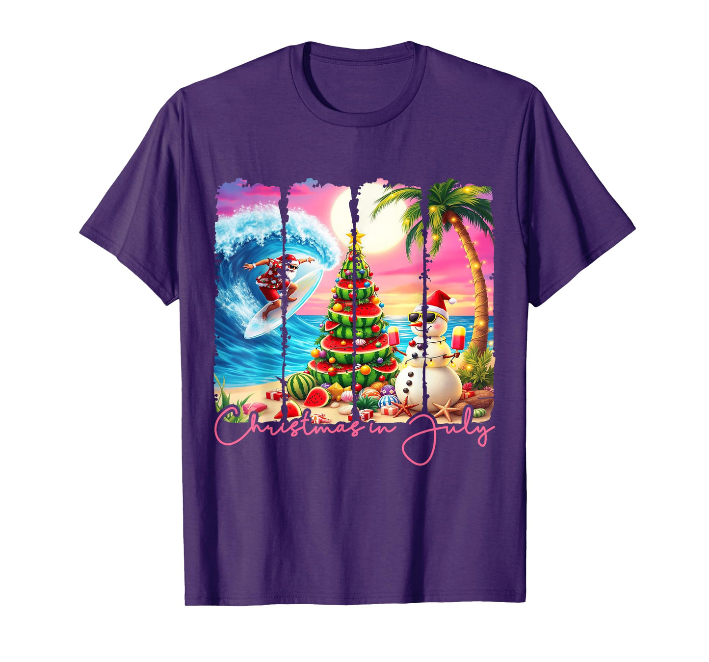 Summer Vibes Xmas in July Santa Surfing Beach Trip Tropical T-Shirt