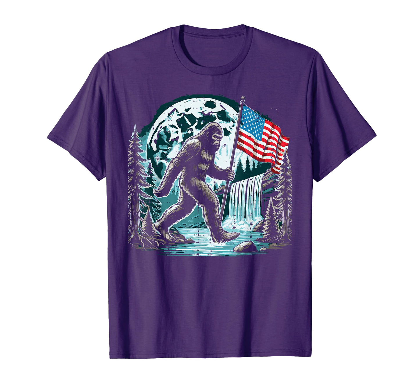 Bigfoot Sasquatch USA Flag Moon Patriotic Men Women Kids T-Shirt
