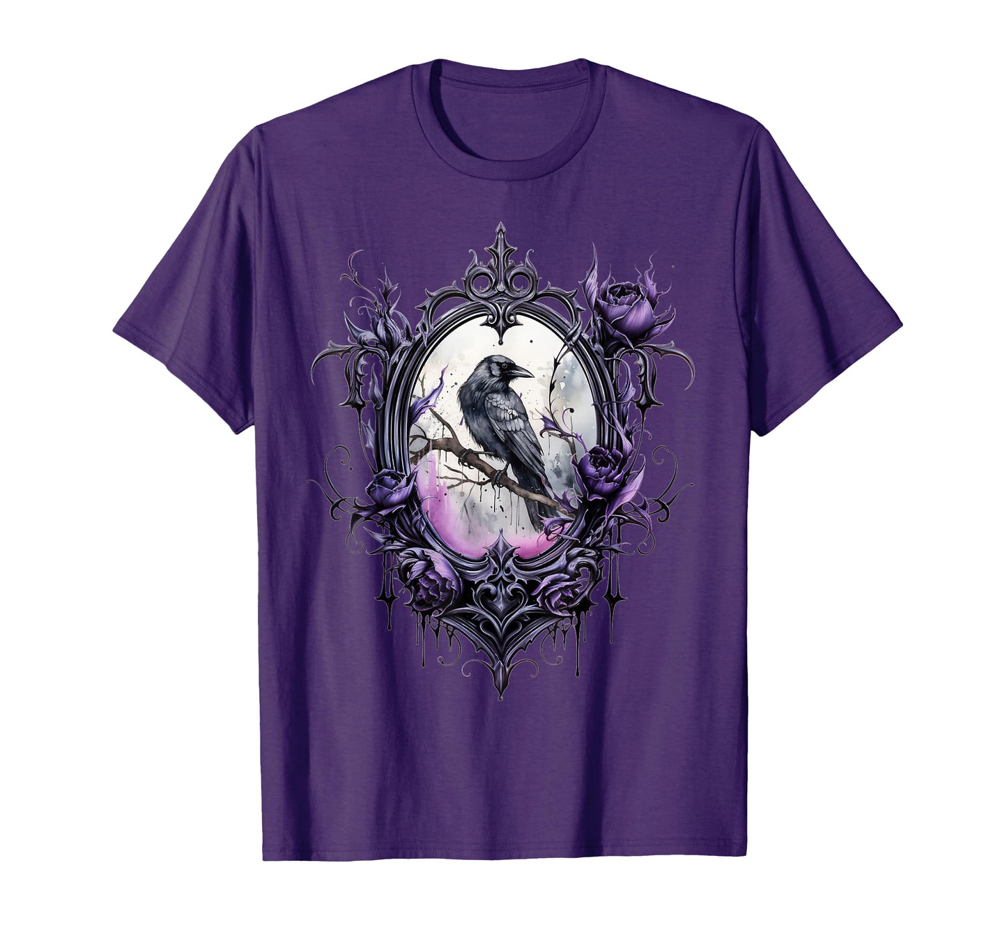 Gothic Halloween Raven Rose Purple Majestic Bird T-Shirt