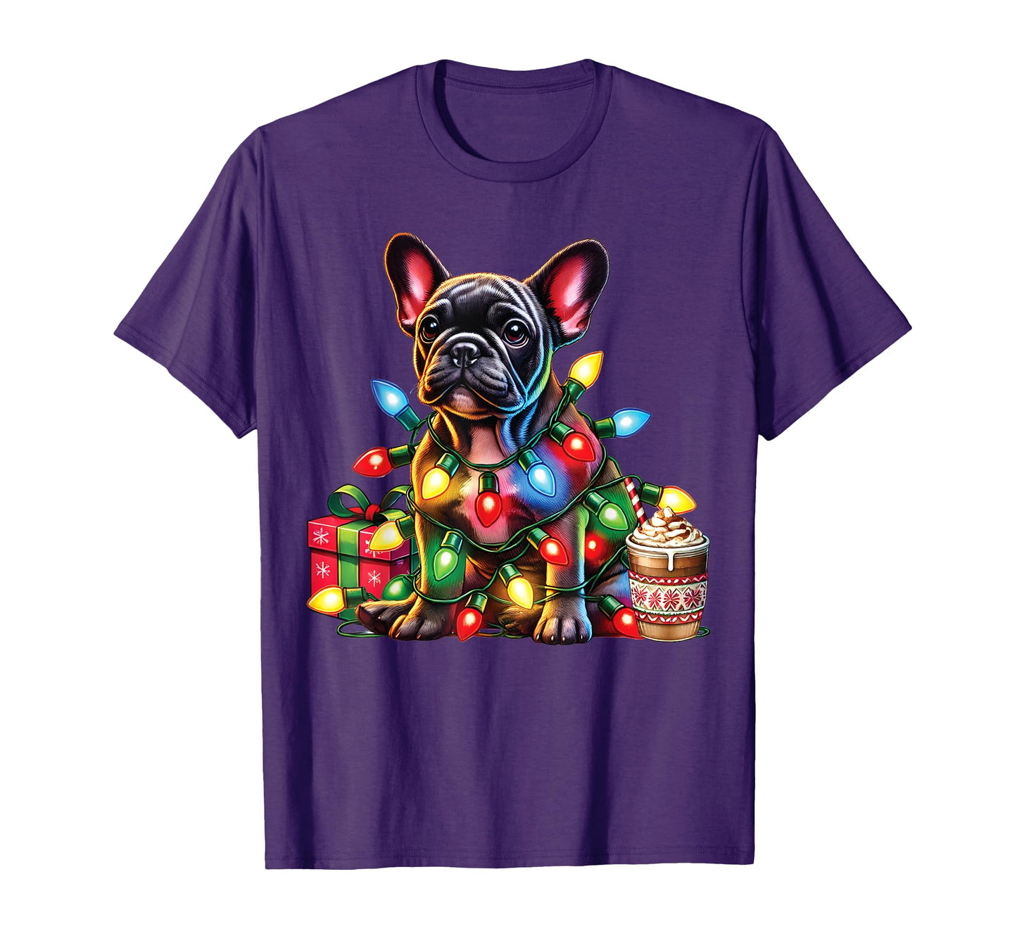 French bulldog Lovers Xmas Reindeer Antlers Christmas Lights Men Women Kids T-Shirt