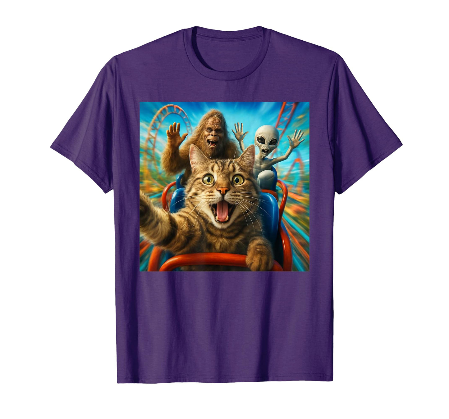 Funny Cat Selfie with Big Foot & Alien Roller Coaster Meme T-Shirt