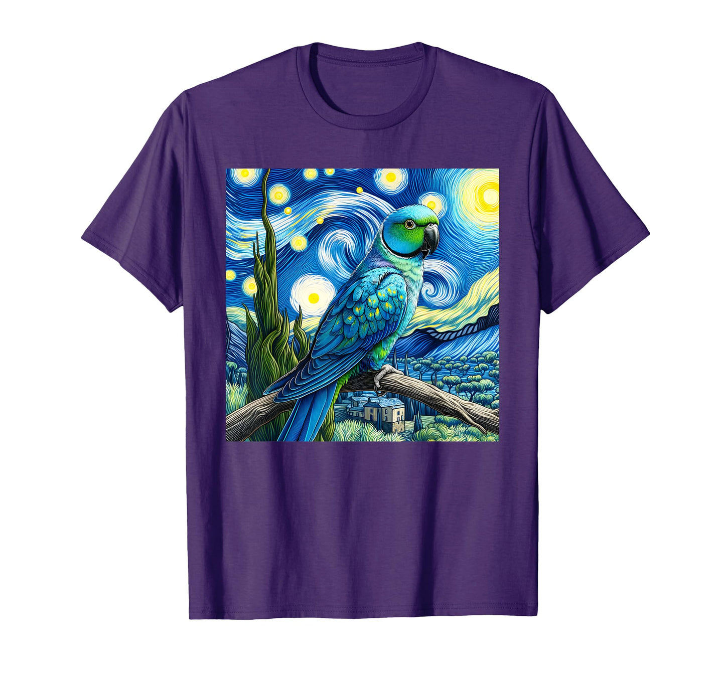 Blue Indian Ringneck Parrot Parakeet Starry Night Van Gogh T-Shirt