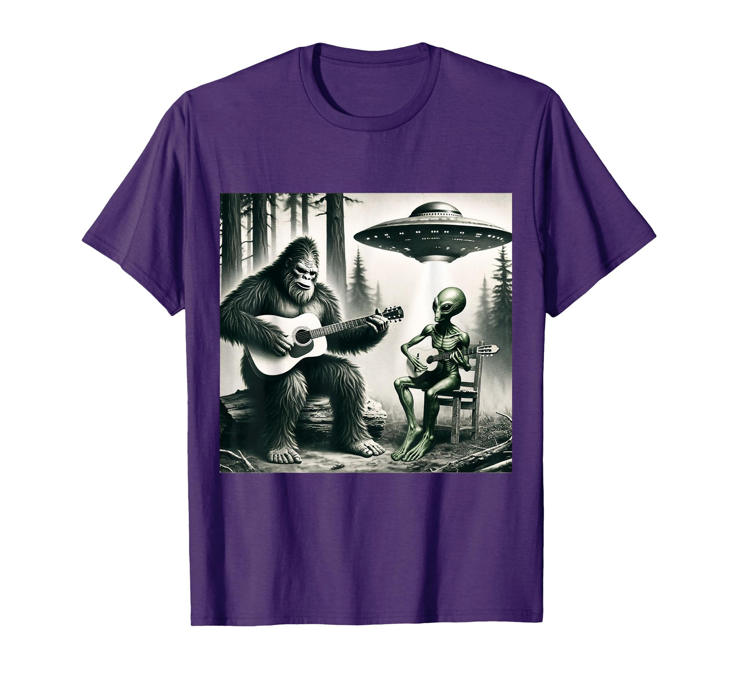 Funny Bigfoot And Alien Playing Electric Guitar. Bigfoot UFO T-Shirt