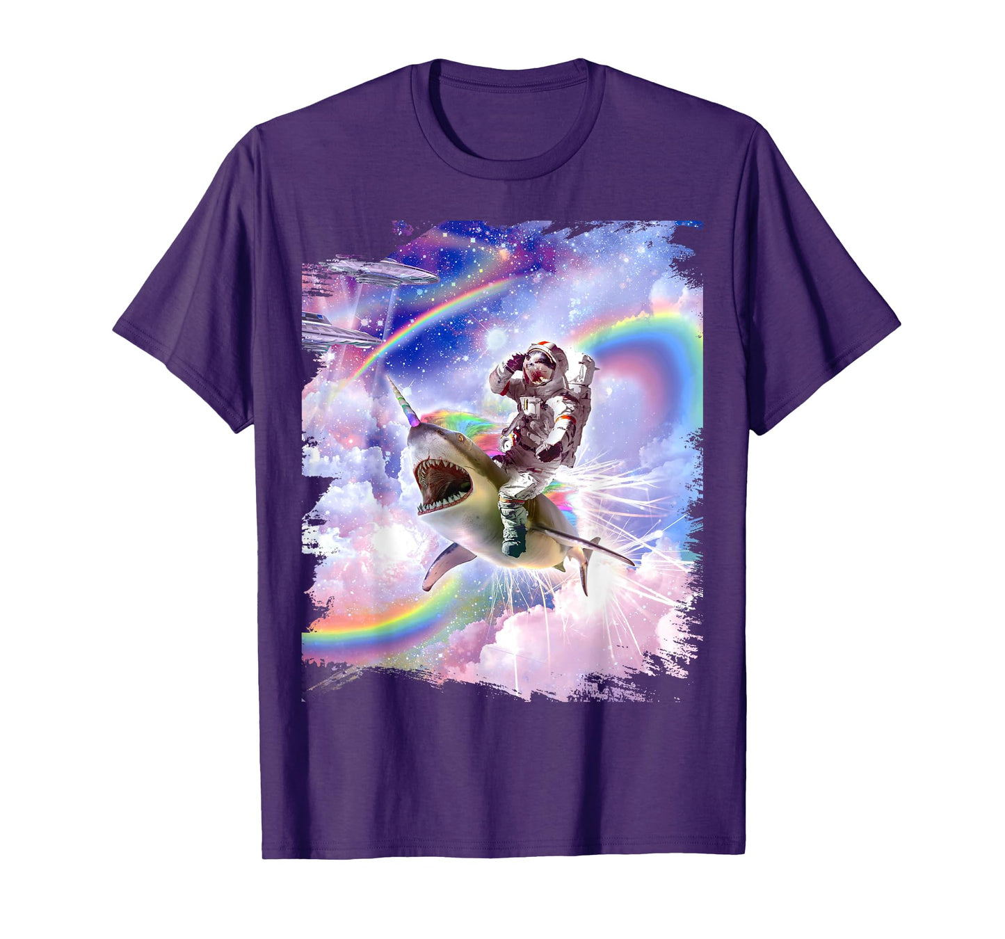 Galaxy Astronaut Cat Riding Rainbow Shark Unicorn Men Women Girls Kids T-Shirt