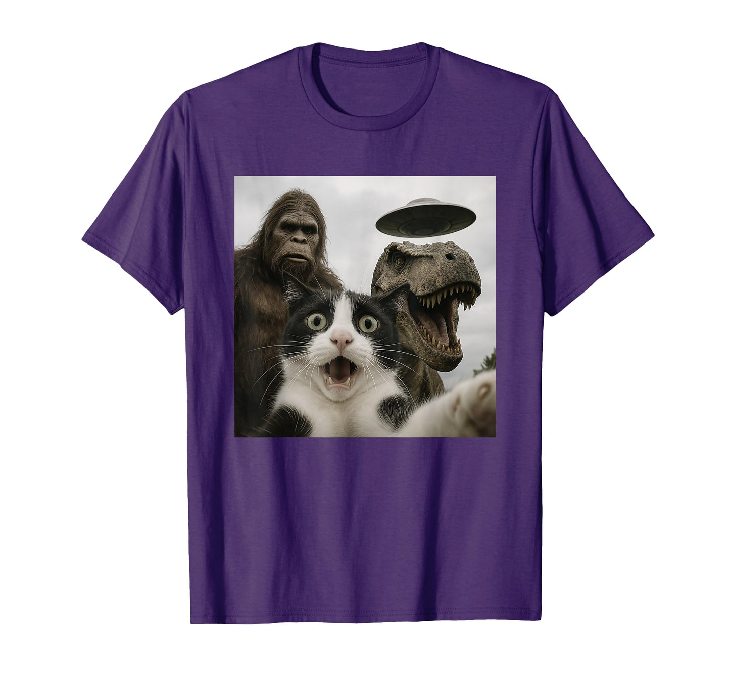 Funny Cat Selfie with Bigfoot Dinosaur UFO for Men Women T-Shirt